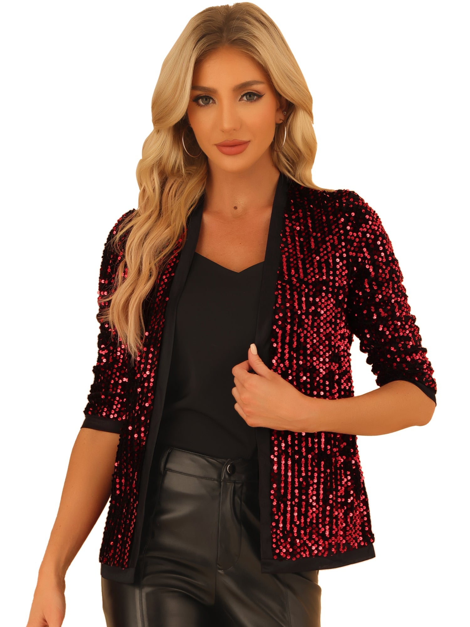 Sequin Open Front Collarless 3/4 Sleeve Velvet Jacket