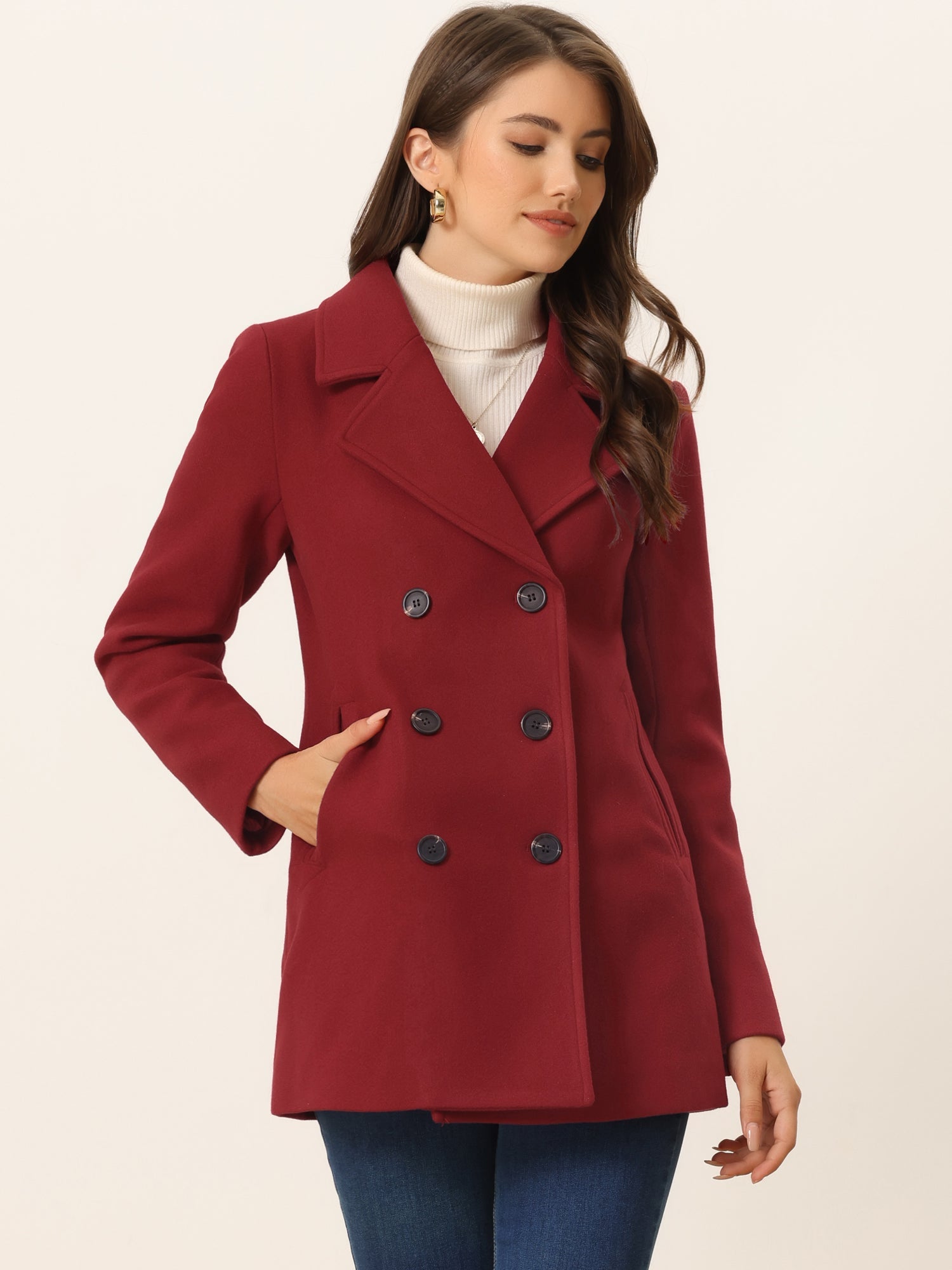 Long Sleeve Double Breasted Button Winter Outerwear Pea Coat