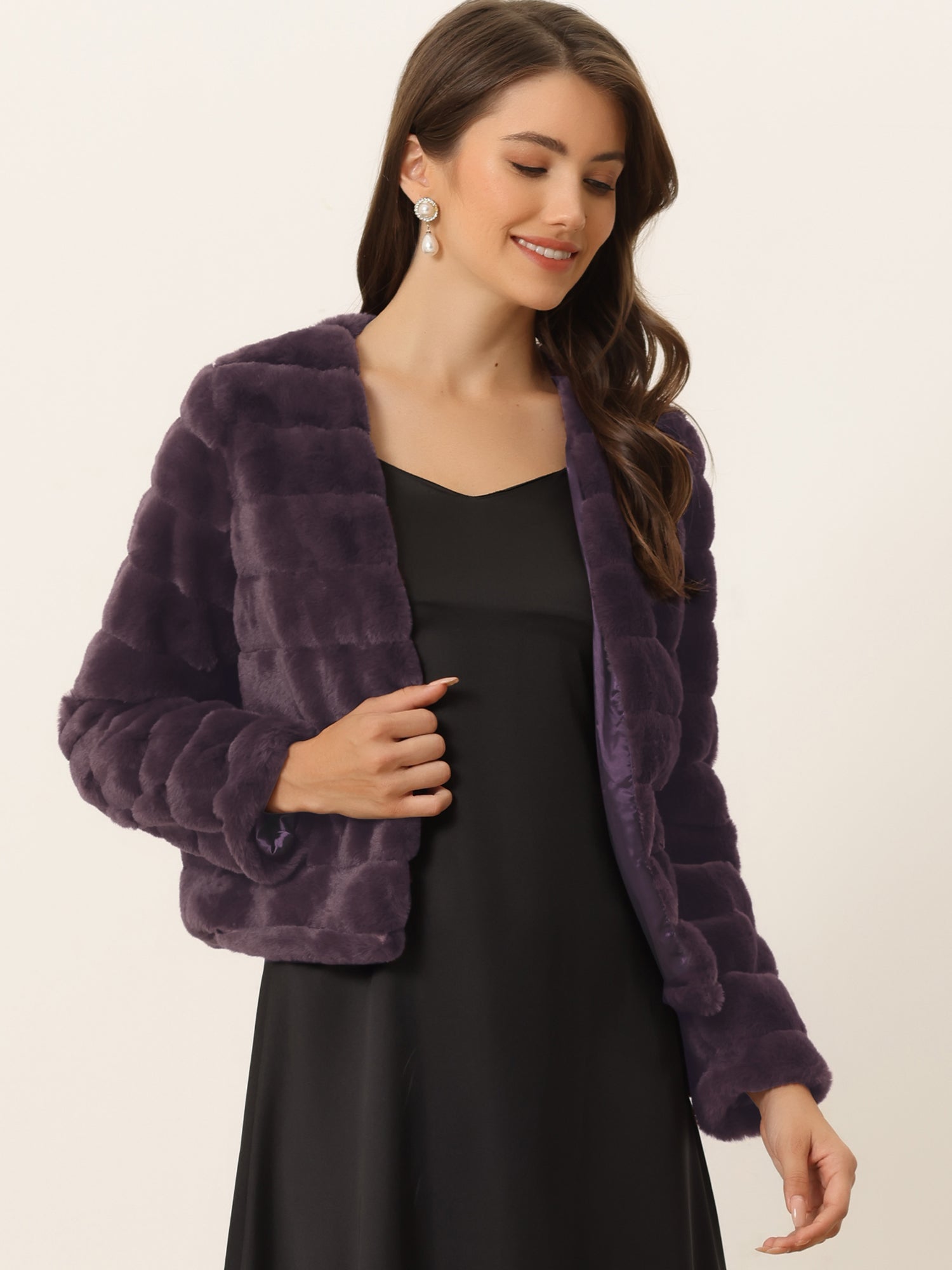 Winter Warm Cropped Collarless Faux Fur Fluffy Jacket