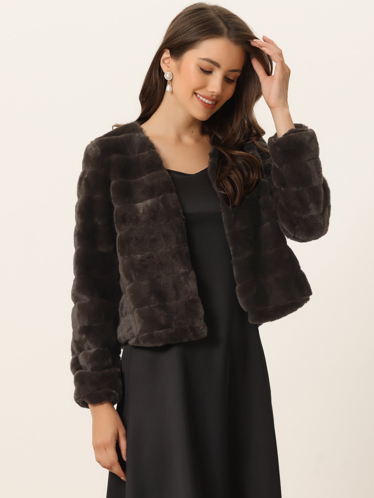 Winter Warm Cropped Collarless Faux Fur Fluffy Jacket