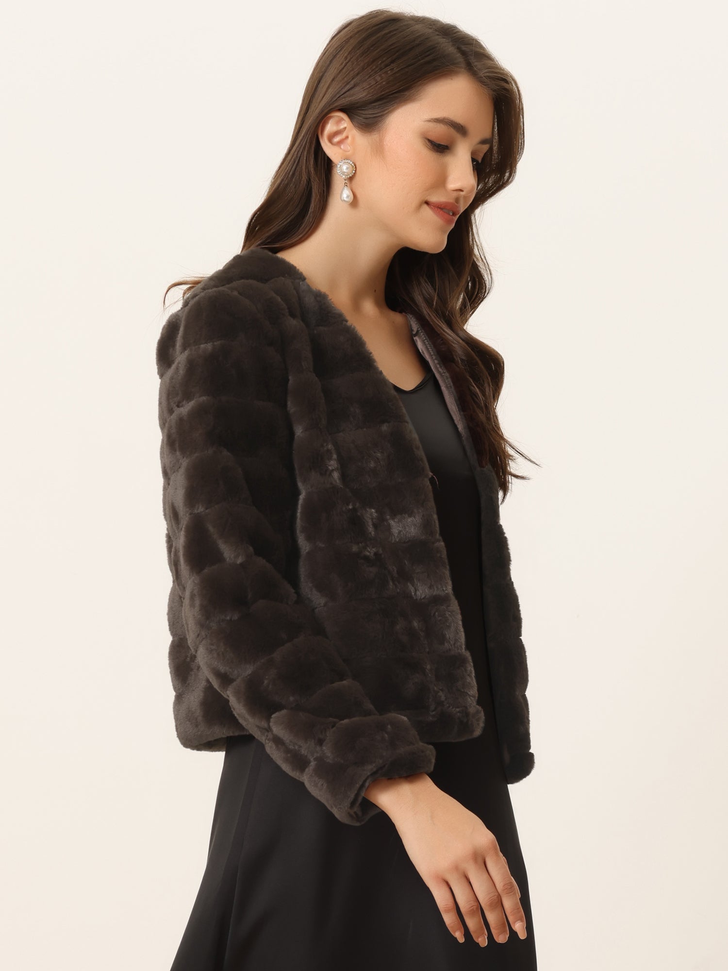 Winter Warm Cropped Collarless Faux Fur Fluffy Jacket