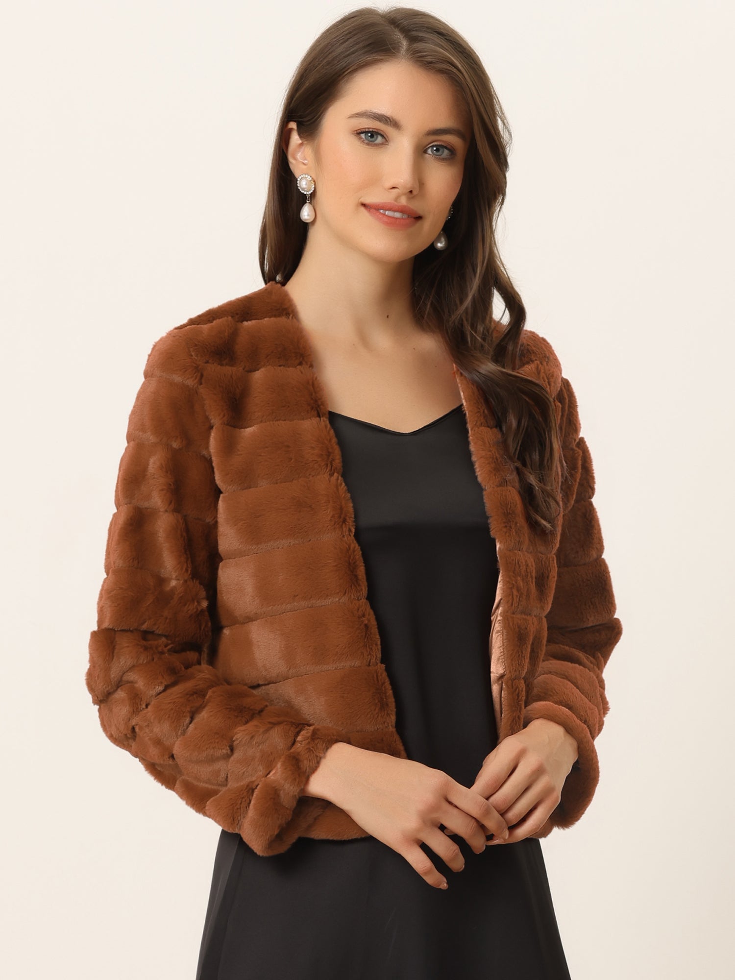 Winter Warm Cropped Collarless Faux Fur Fluffy Jacket