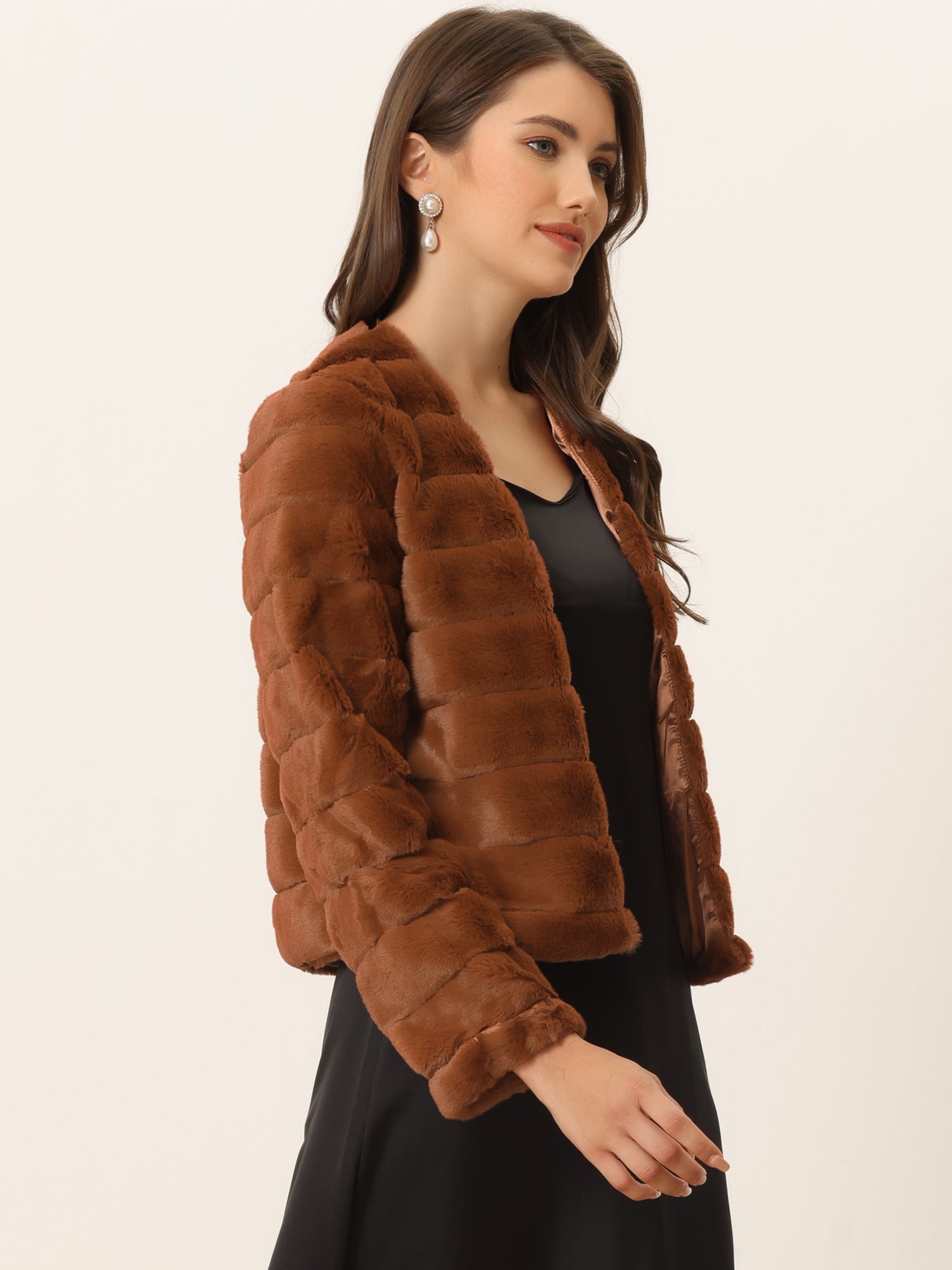 Winter Warm Cropped Collarless Faux Fur Fluffy Jacket