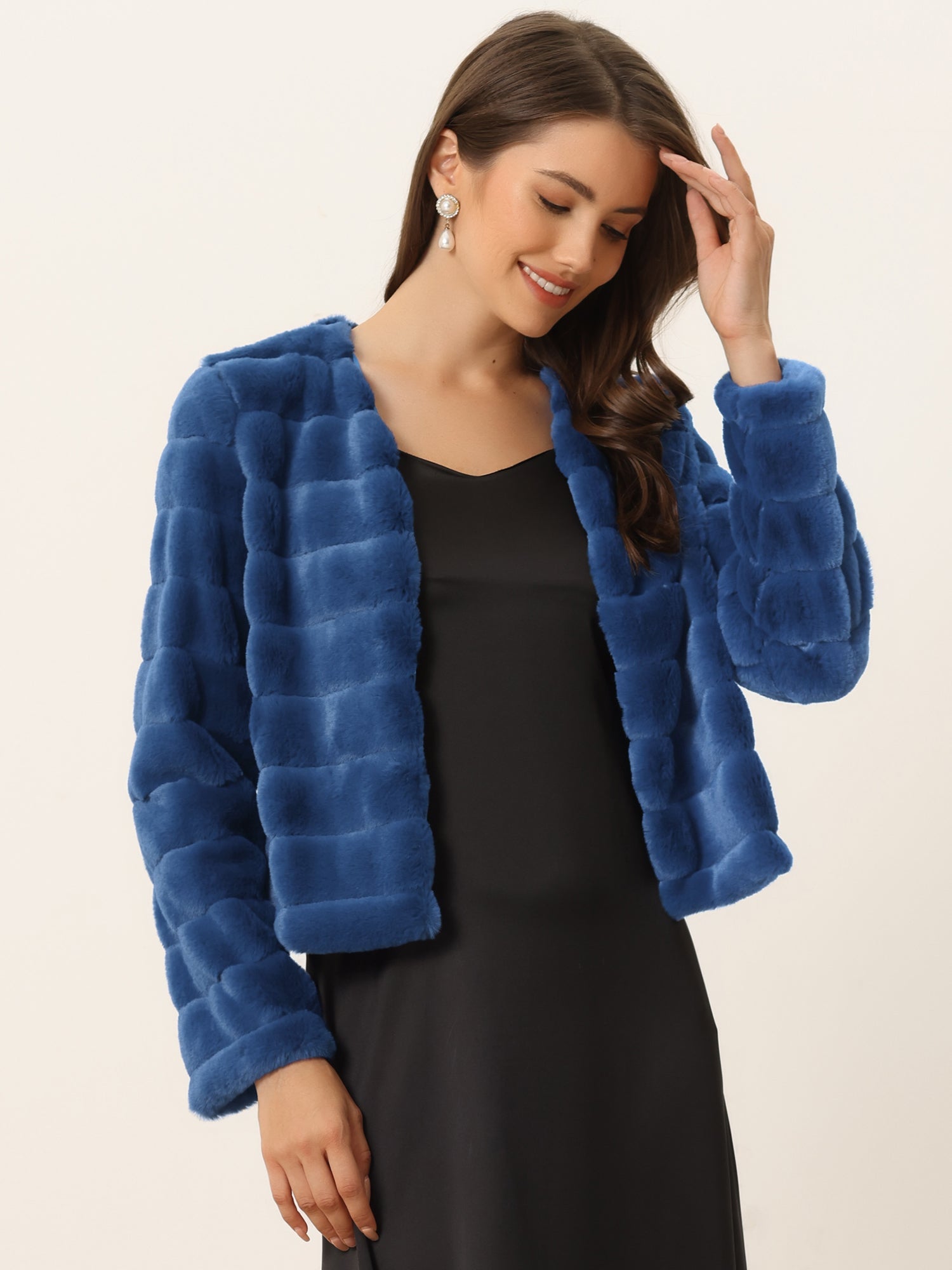 Winter Warm Cropped Collarless Faux Fur Fluffy Jacket