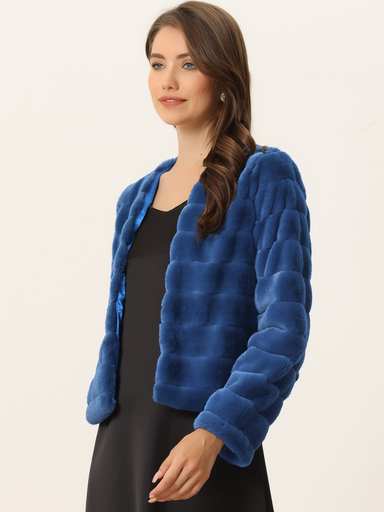Winter Warm Cropped Collarless Faux Fur Fluffy Jacket