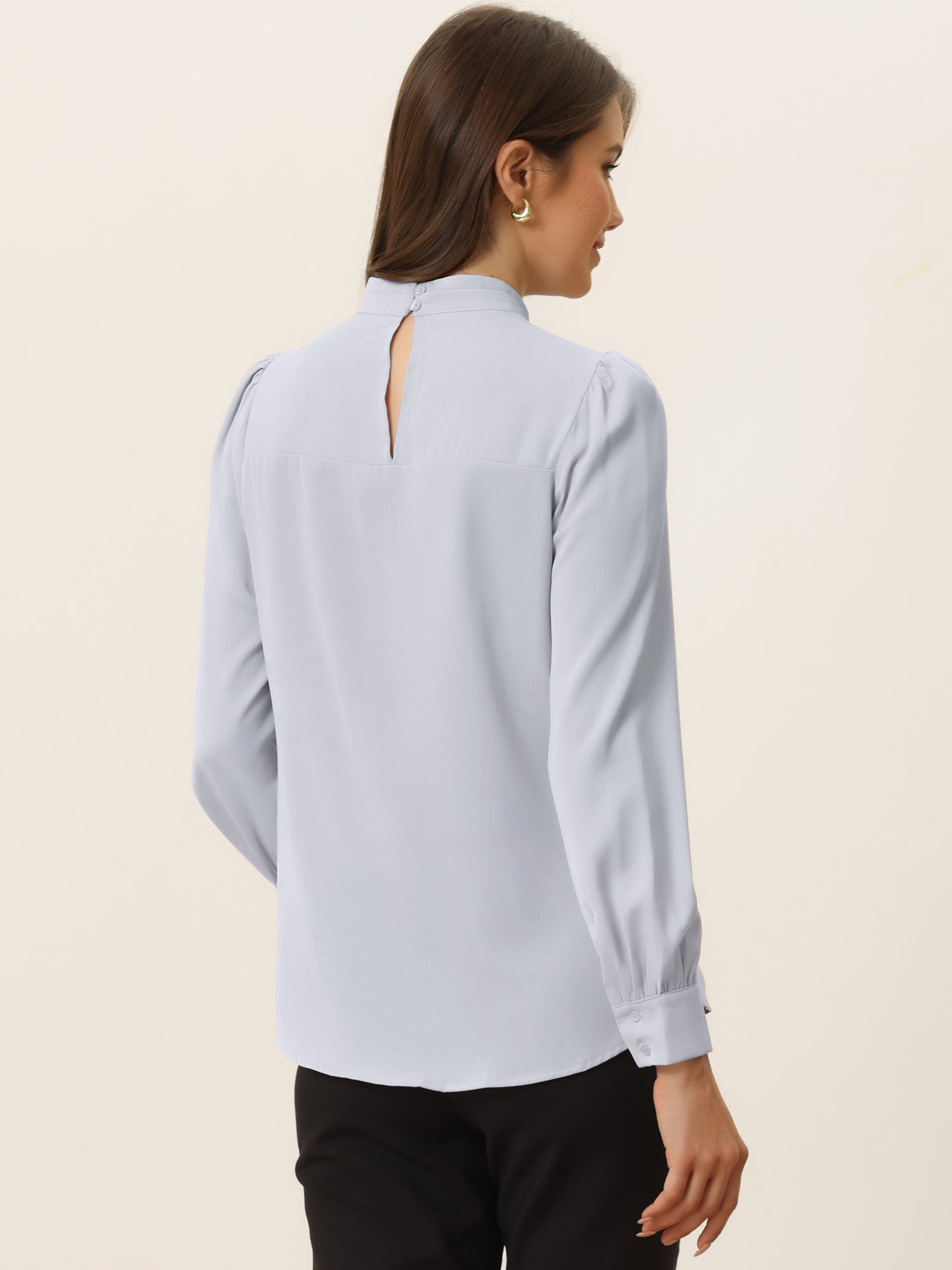 Keyhole Elegant Stand Collar Long Sleeve Chiffon Office Blouse