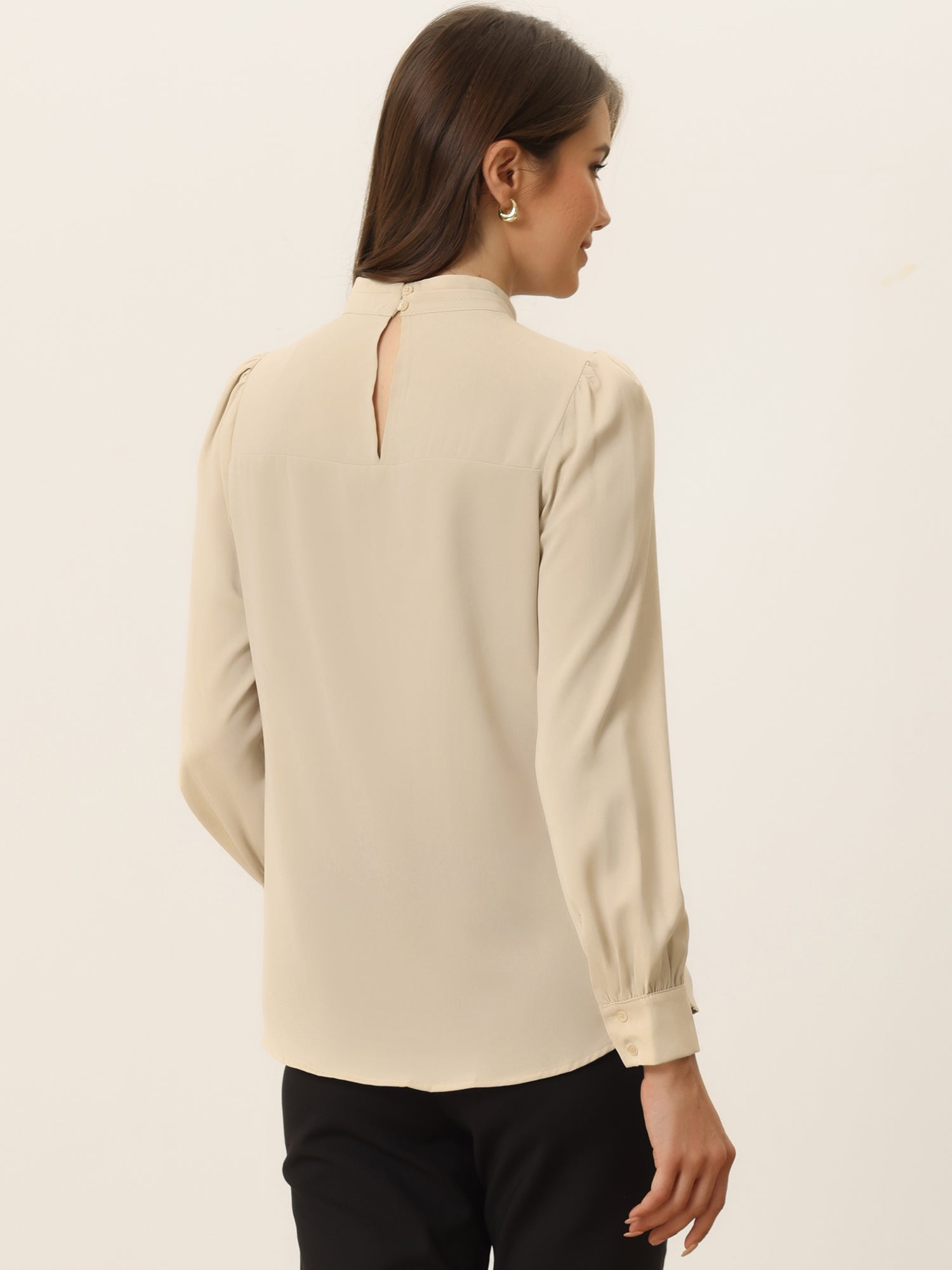 Keyhole Elegant Stand Collar Long Sleeve Chiffon Office Blouse