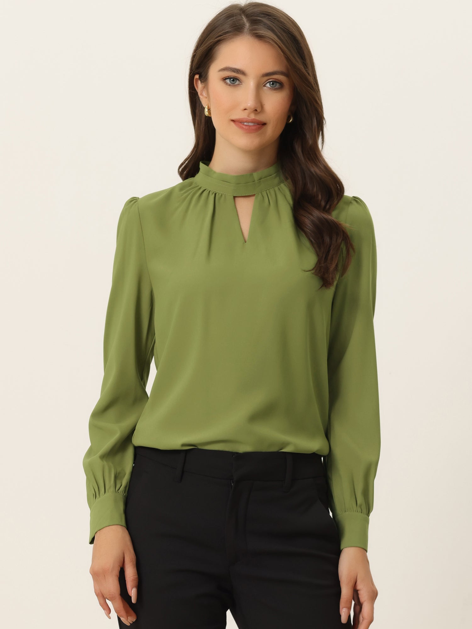 Keyhole Elegant Stand Collar Long Sleeve Chiffon Office Blouse
