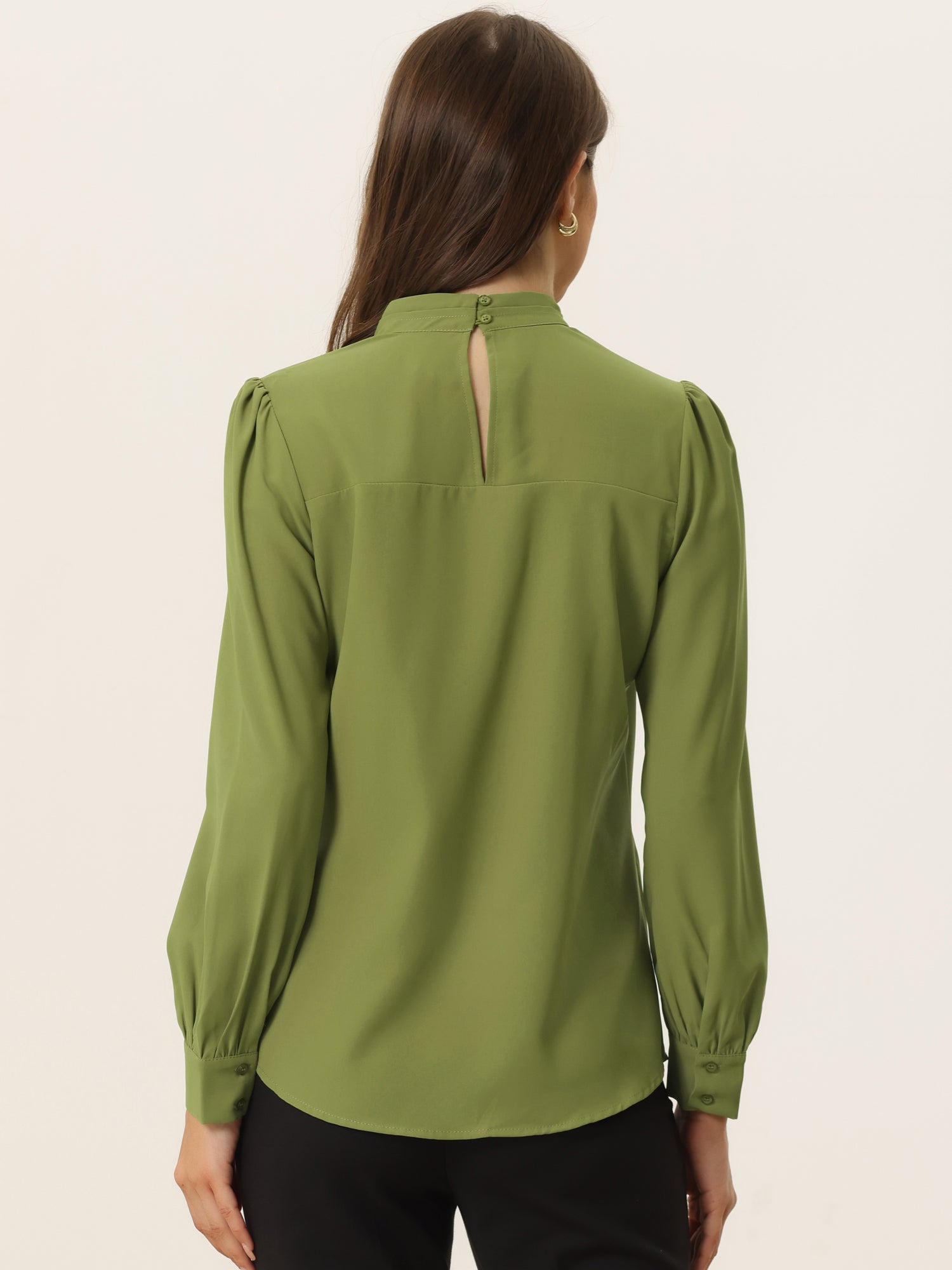 Keyhole Elegant Stand Collar Long Sleeve Chiffon Office Blouse
