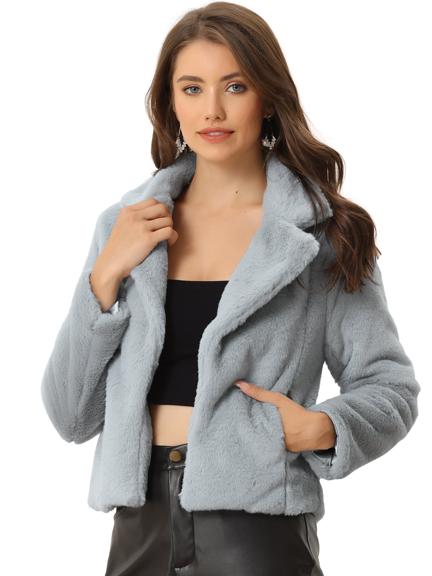 Autumn Winter Cropped Jacket Notch Lapel Faux Fur Fluffy Coat