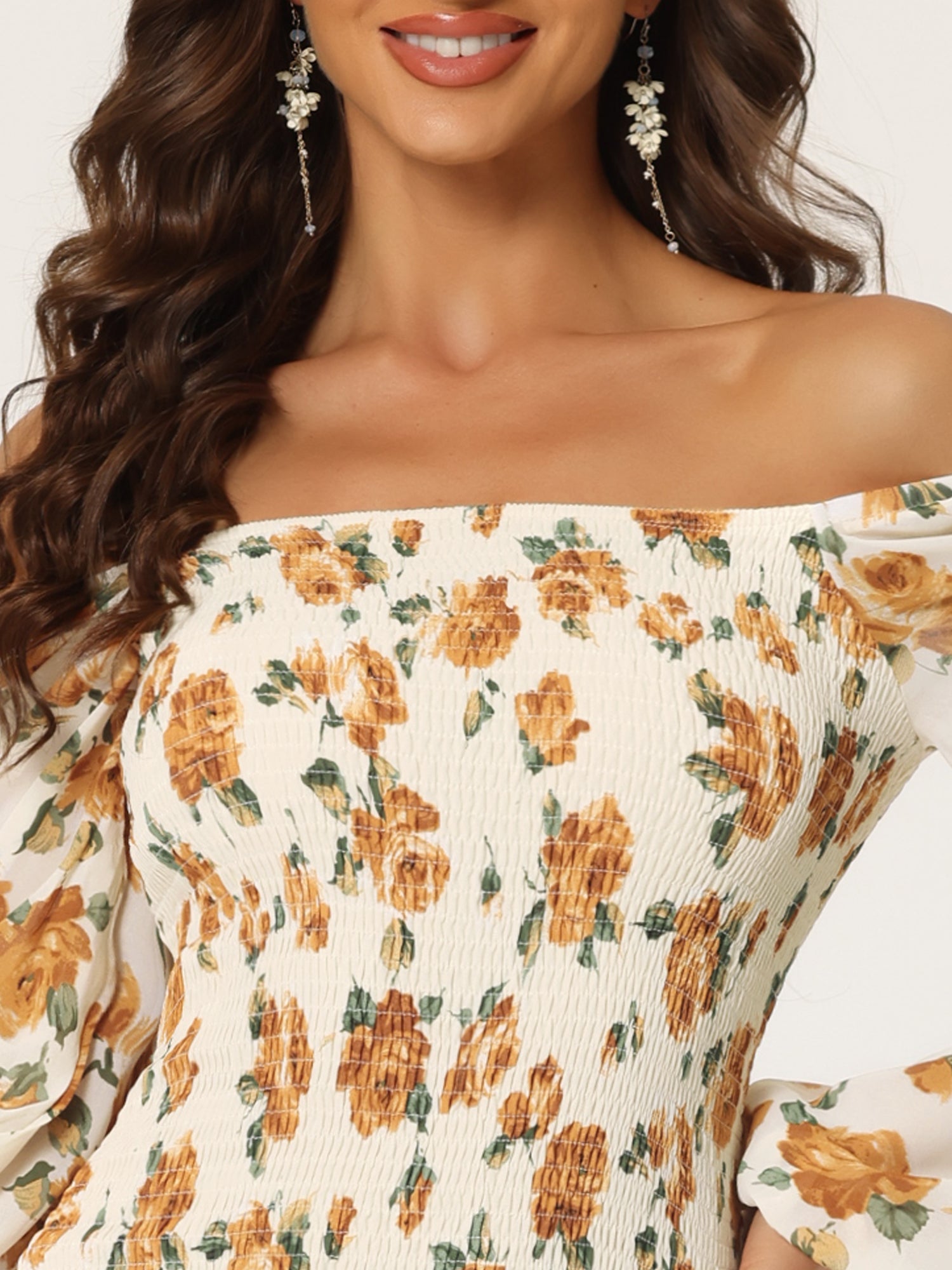 Floral Puff Sleeve Ruffle Bodycon Square Neck Smocked Mermaid Dress