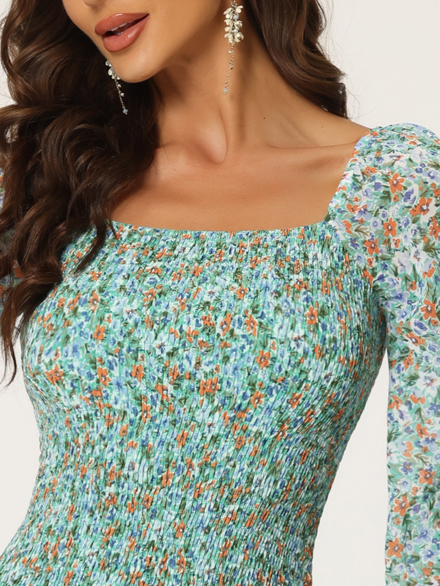 Floral Puff Sleeve Ruffle Bodycon Square Neck Smocked Mermaid Dress