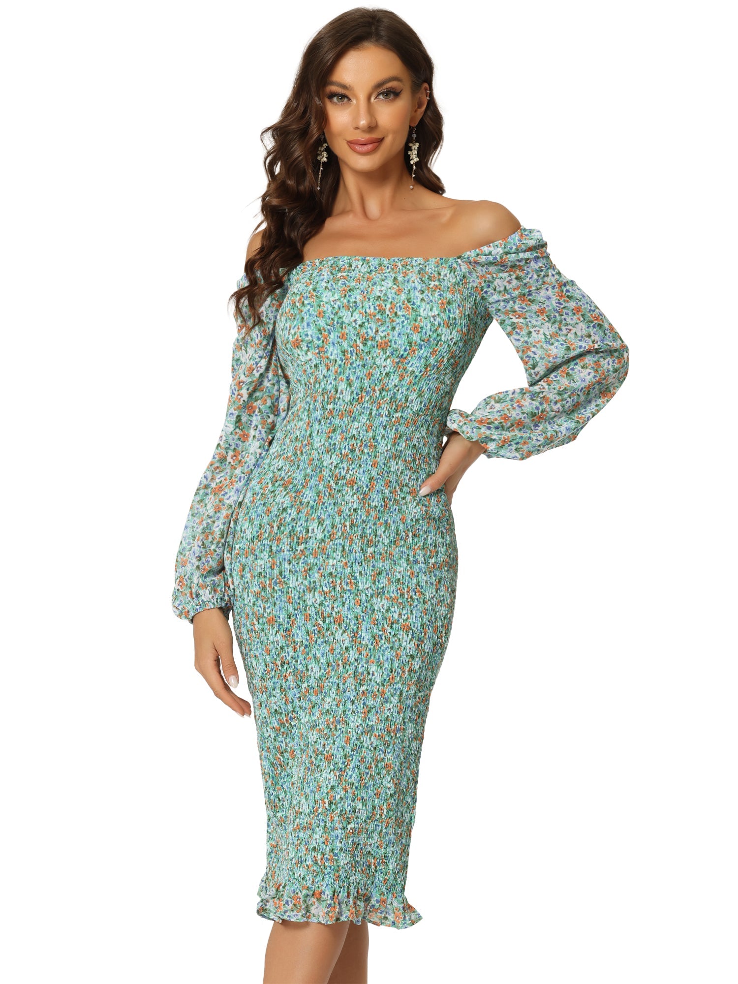 Floral Puff Sleeve Ruffle Bodycon Square Neck Smocked Mermaid Dress