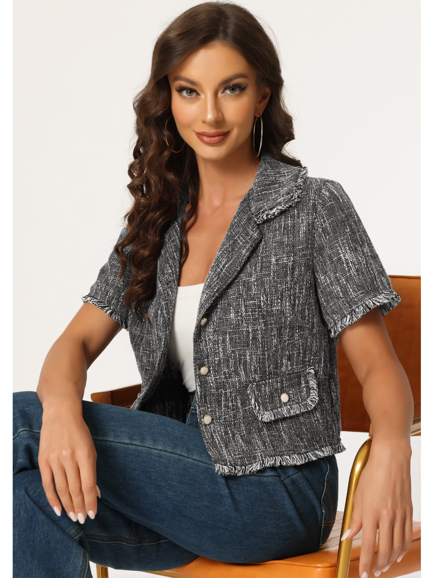 Tweed Tassel Cropped Length Summer Short Sleeve Shirt