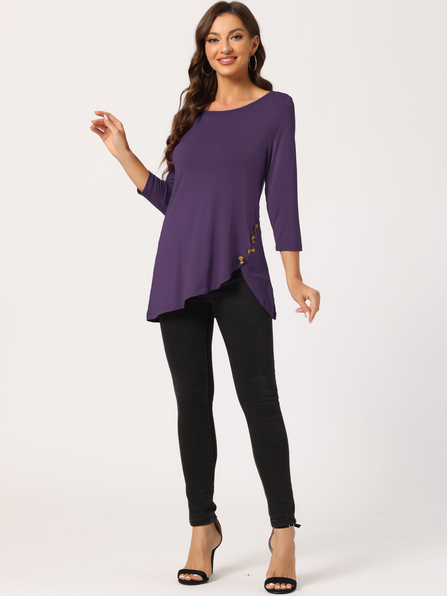 3/4 Sleeve Round Neck Button Decor Casual Stretchy Tunic Tops