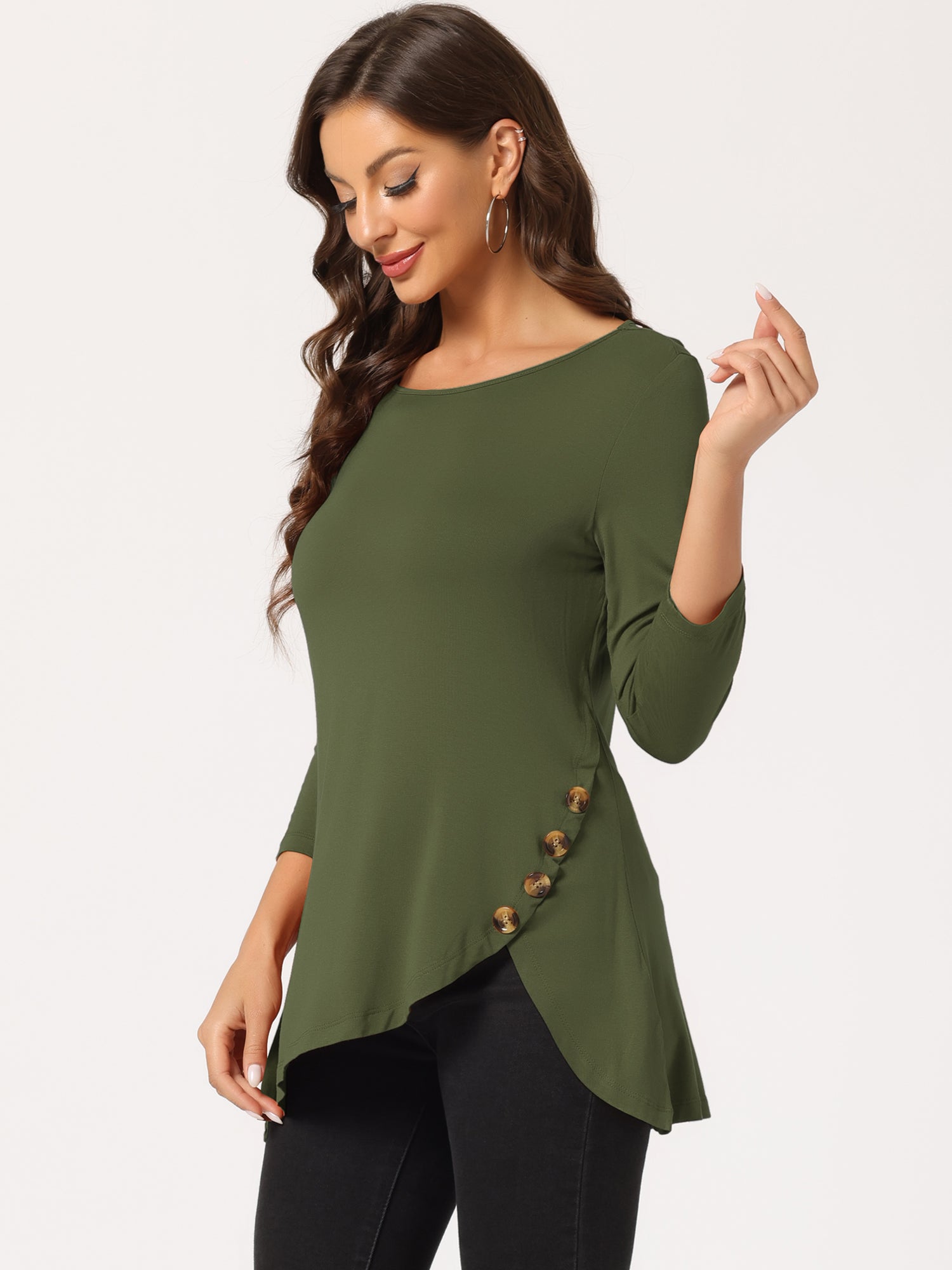 3/4 Sleeve Round Neck Button Decor Casual Stretchy Tunic Tops