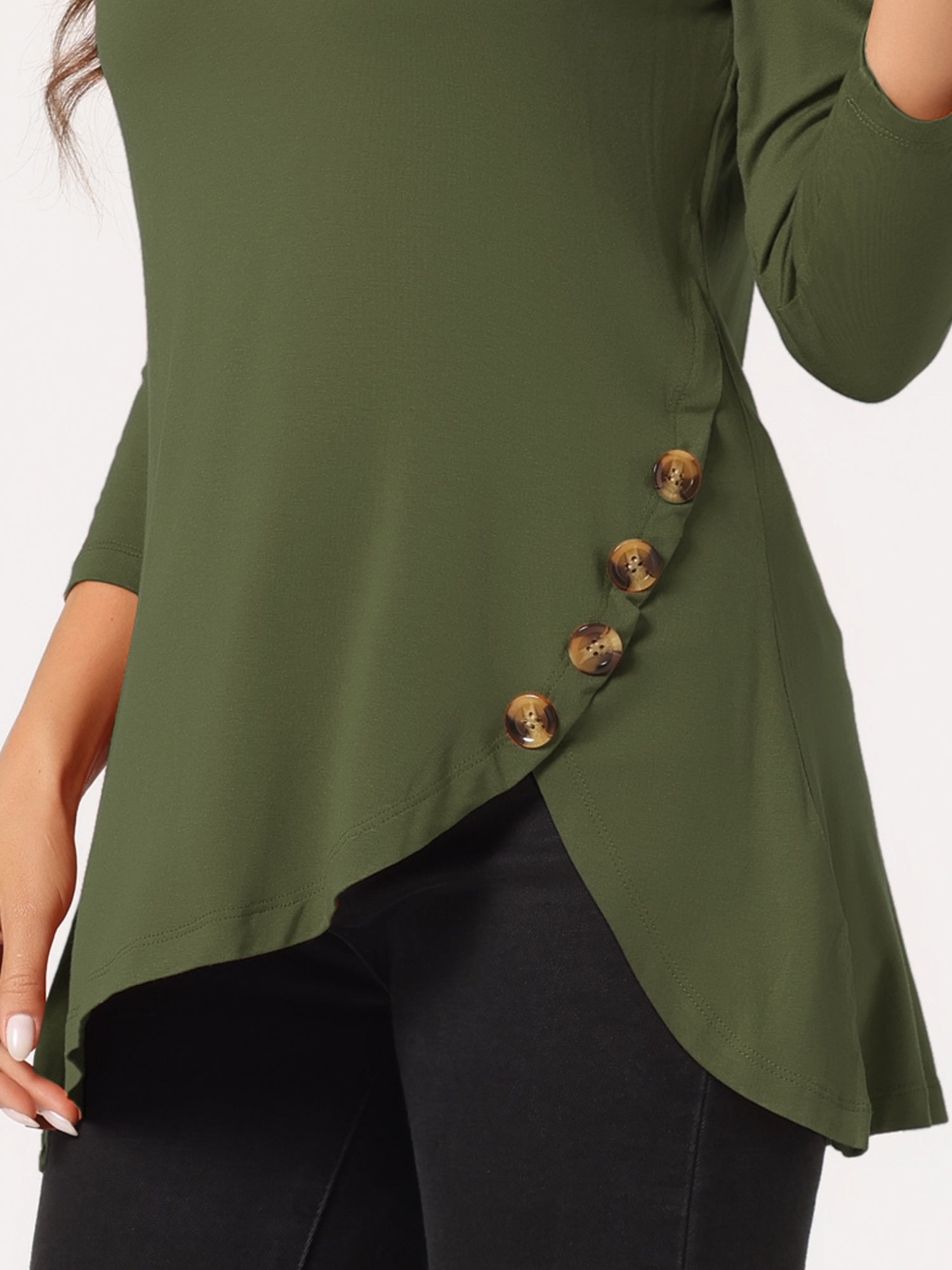 3/4 Sleeve Round Neck Button Decor Casual Stretchy Tunic Tops