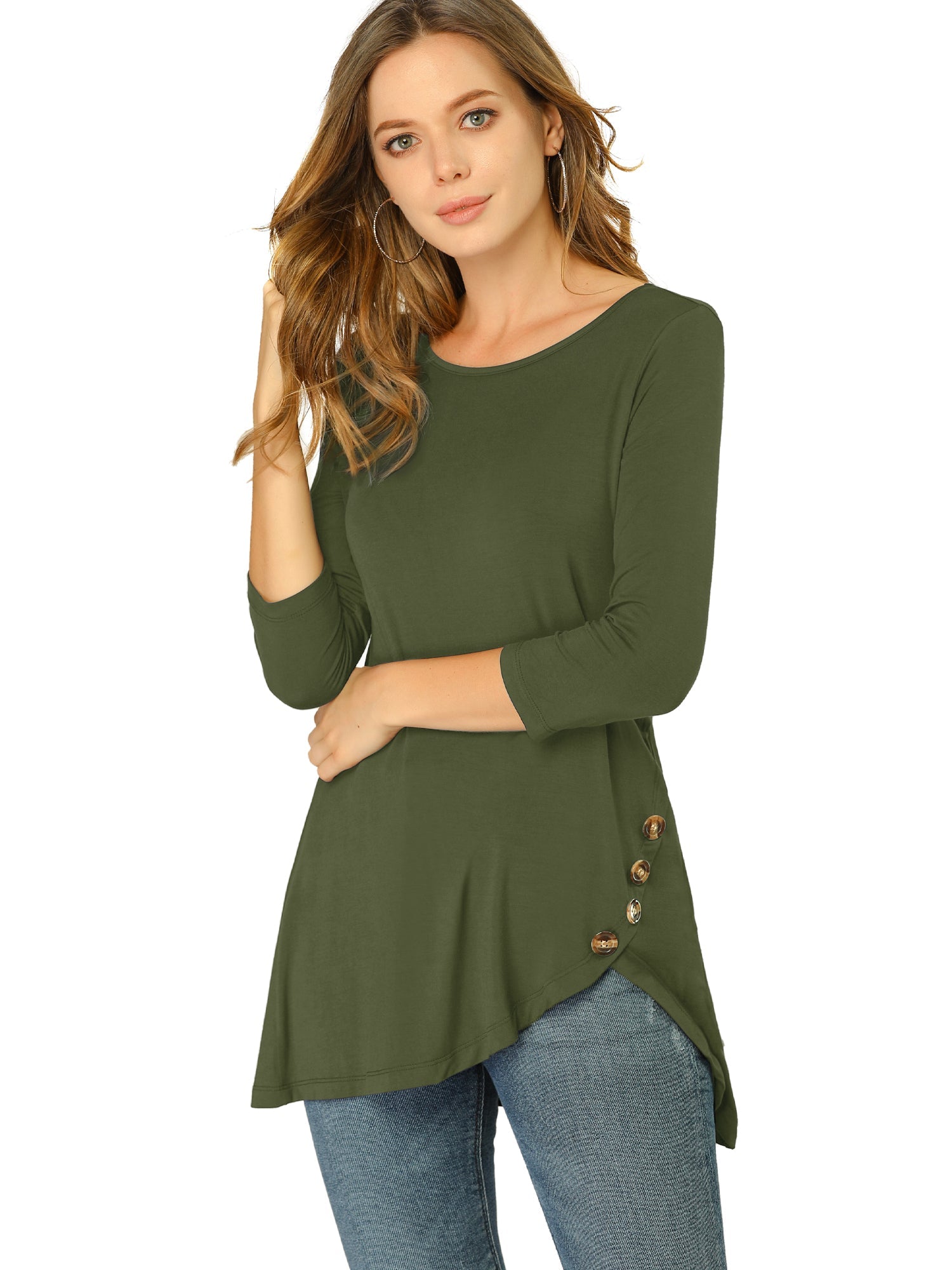 3/4 Sleeve Round Neck Button Decor Casual Stretchy Tunic Tops