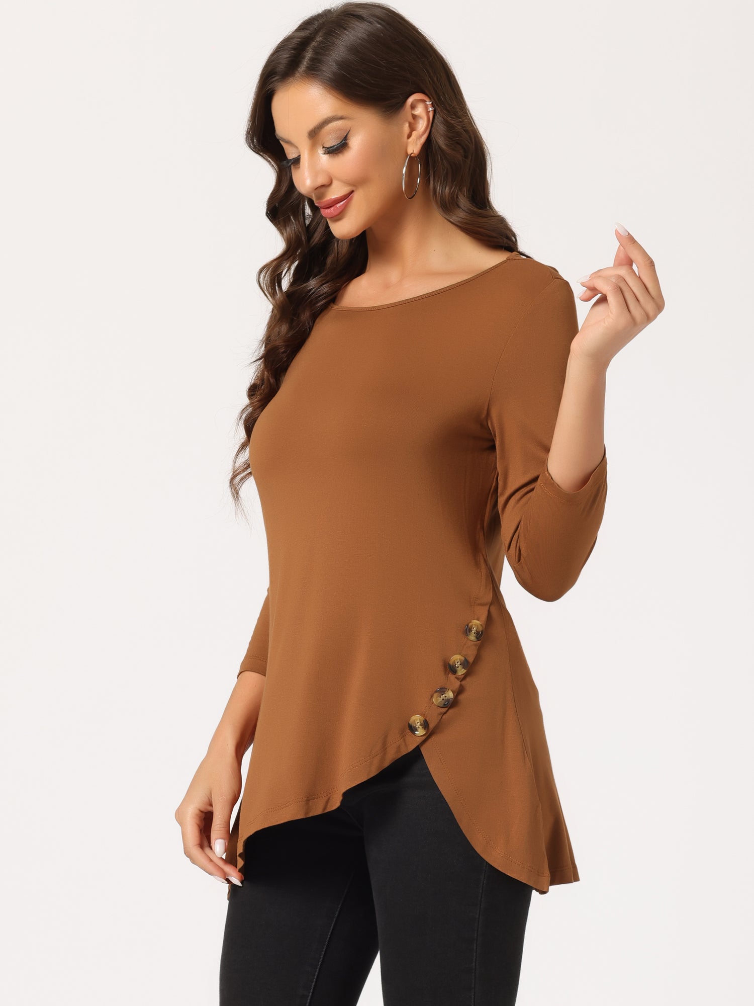 3/4 Sleeve Round Neck Button Decor Casual Stretchy Tunic Tops
