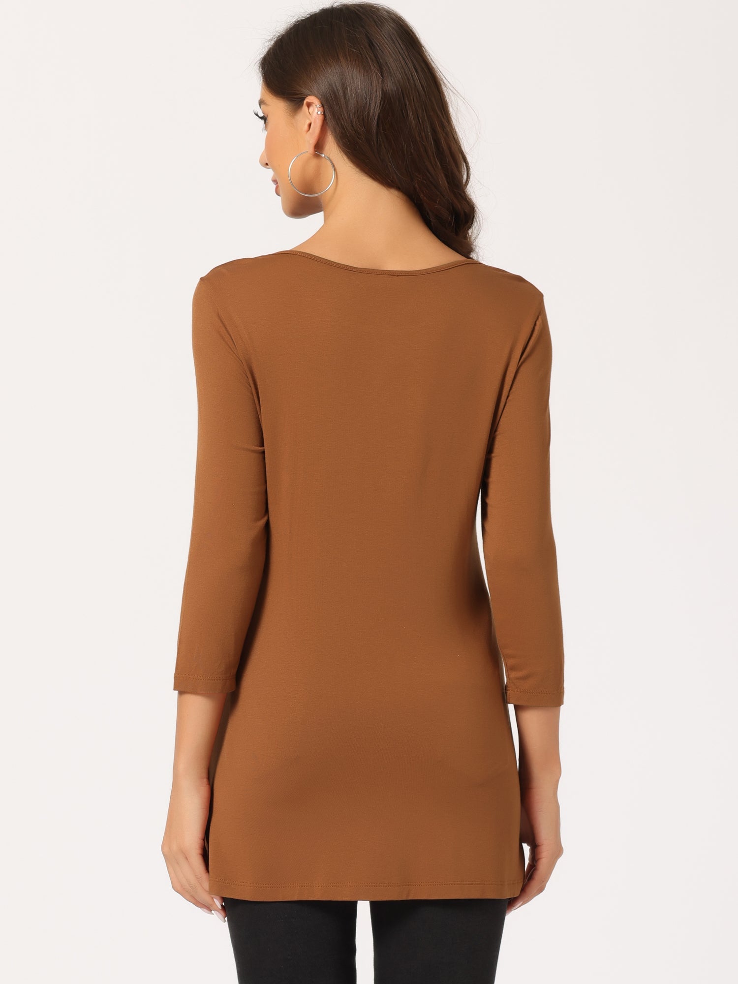 3/4 Sleeve Round Neck Button Decor Casual Stretchy Tunic Tops