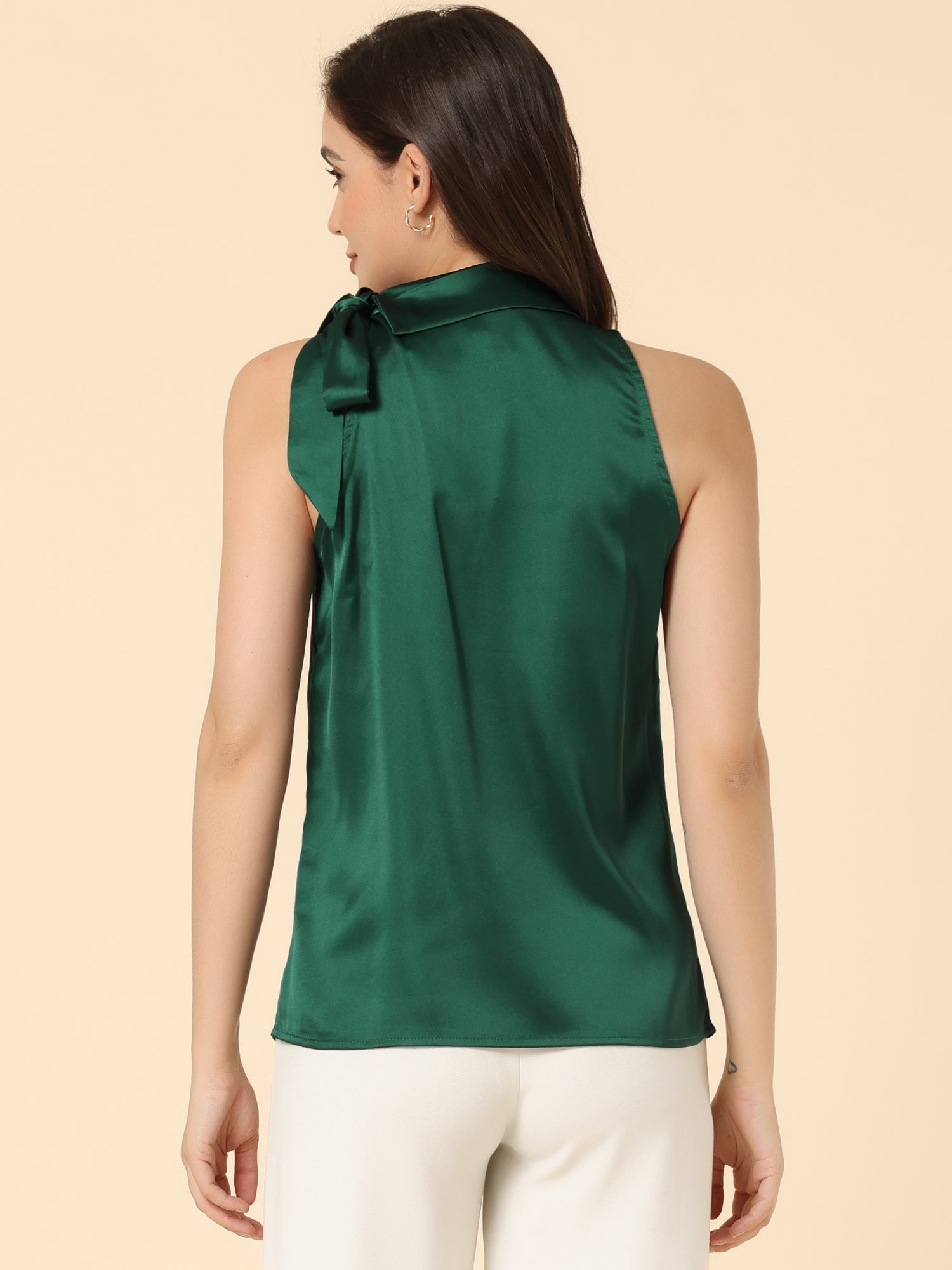 Elegant Satin Sleeveless Tie Knot Mock Neck Solid Work Blouse Top
