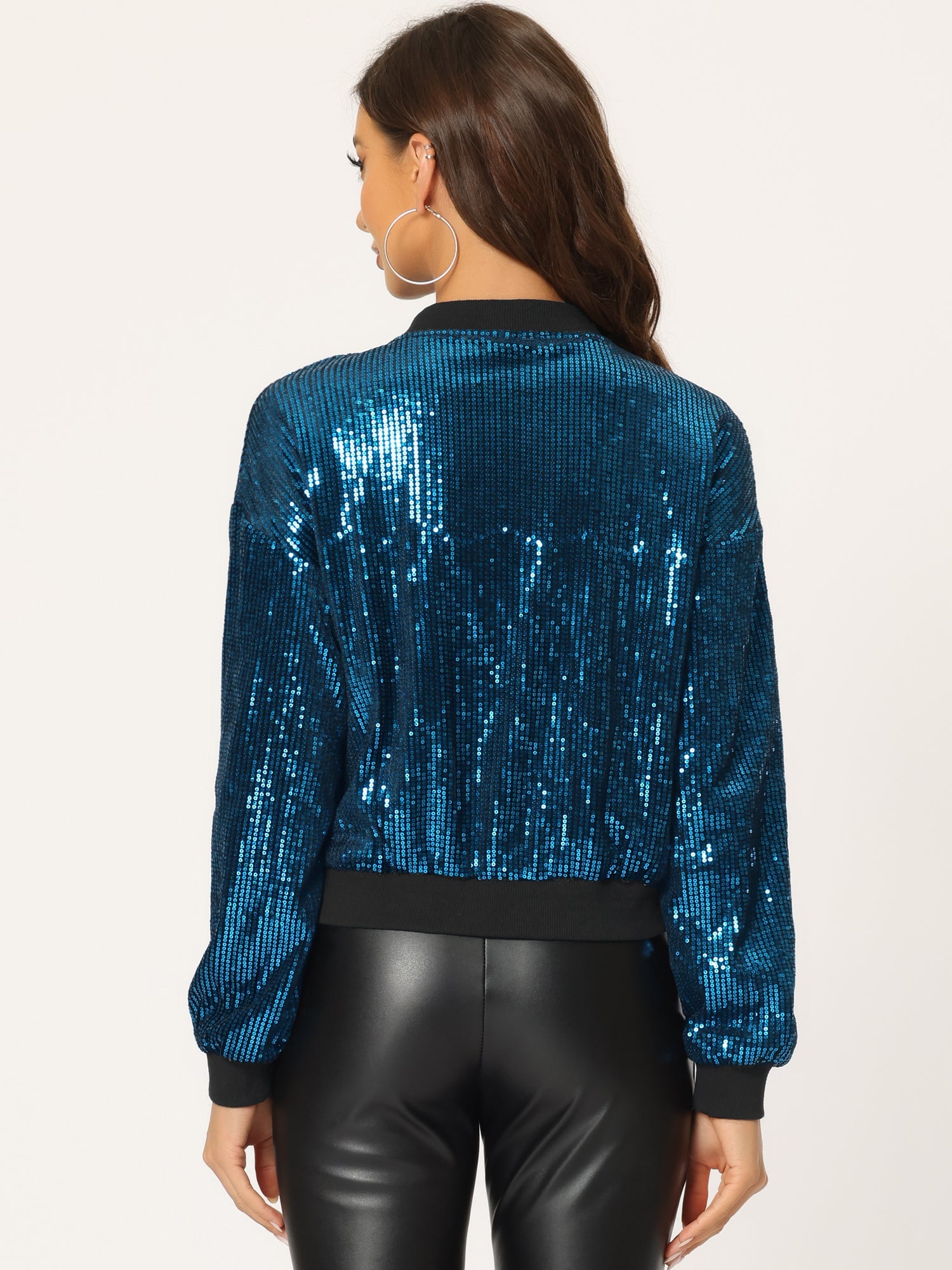 Sequin Sparkle Party Long Sleeve Zipper Bomber Jacket