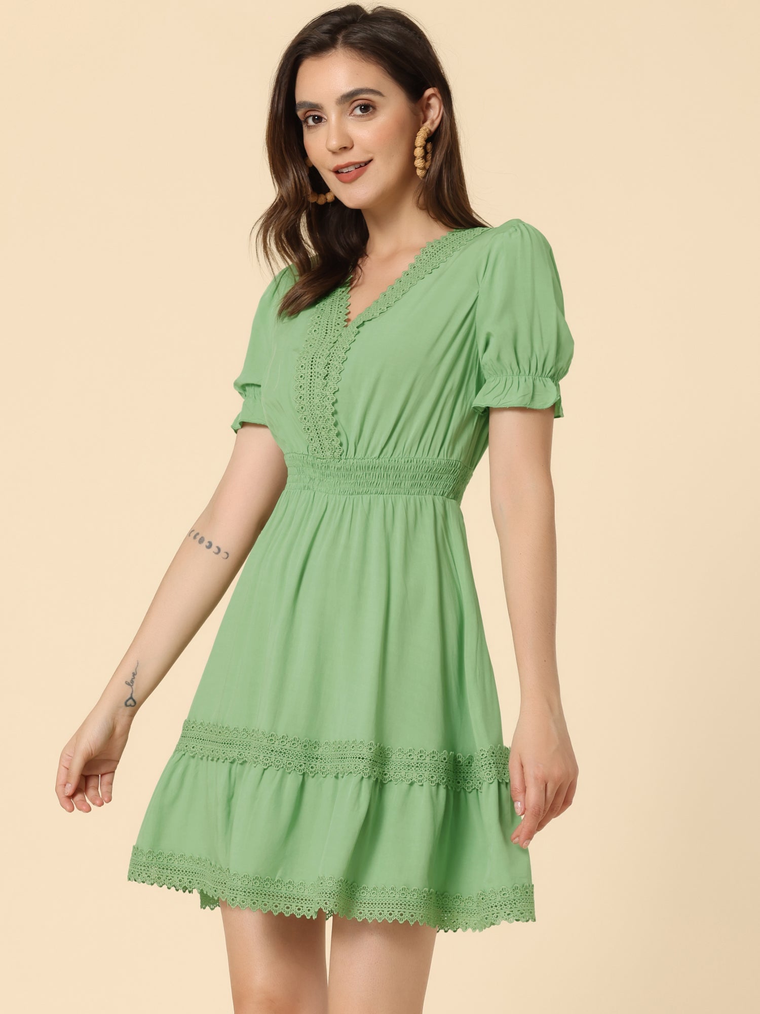 Boho Puff Sleeve V Neck Smocked Waist Ruffled Tiered Dress