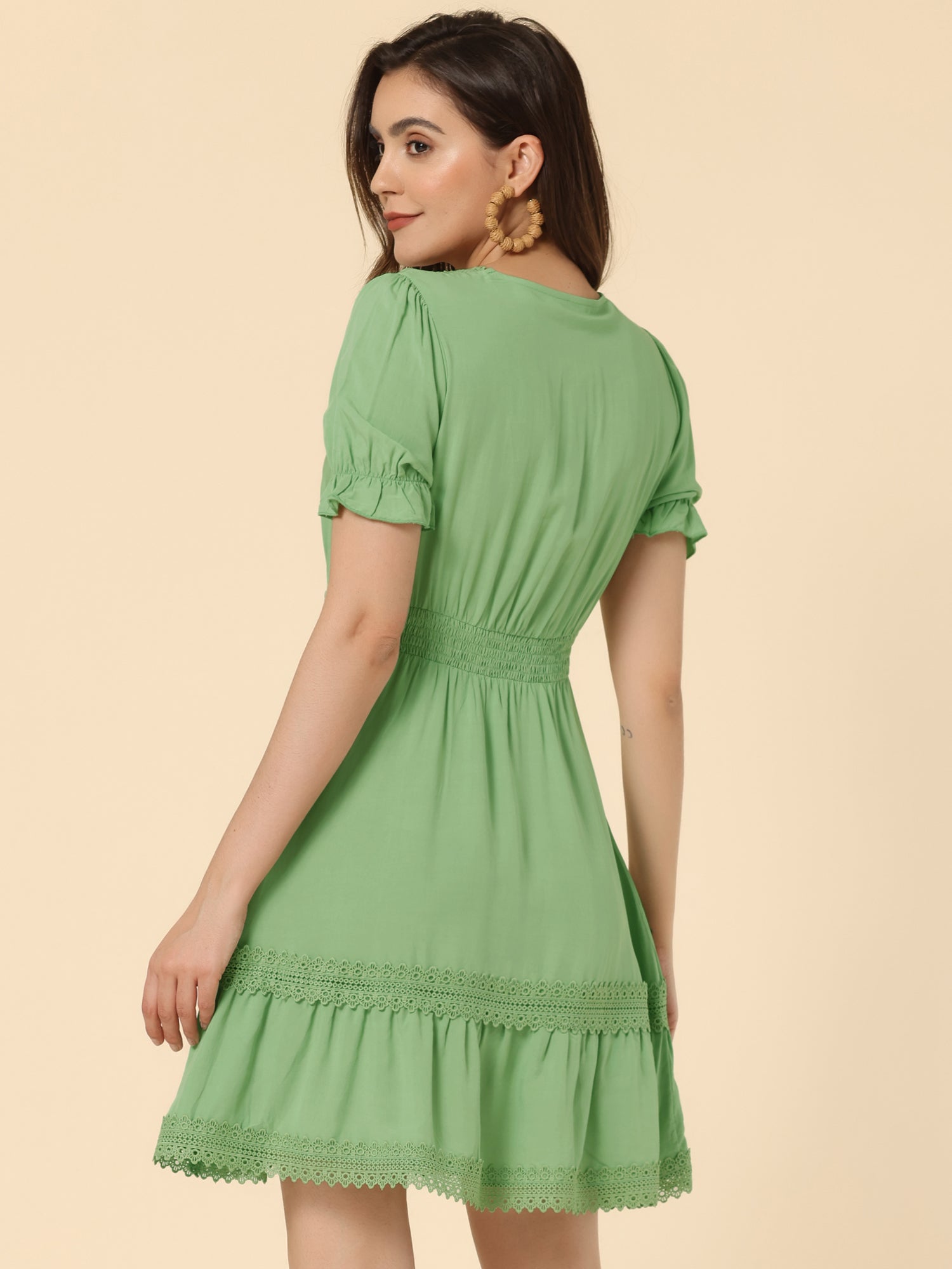 Boho Puff Sleeve V Neck Smocked Waist Ruffled Tiered Dress