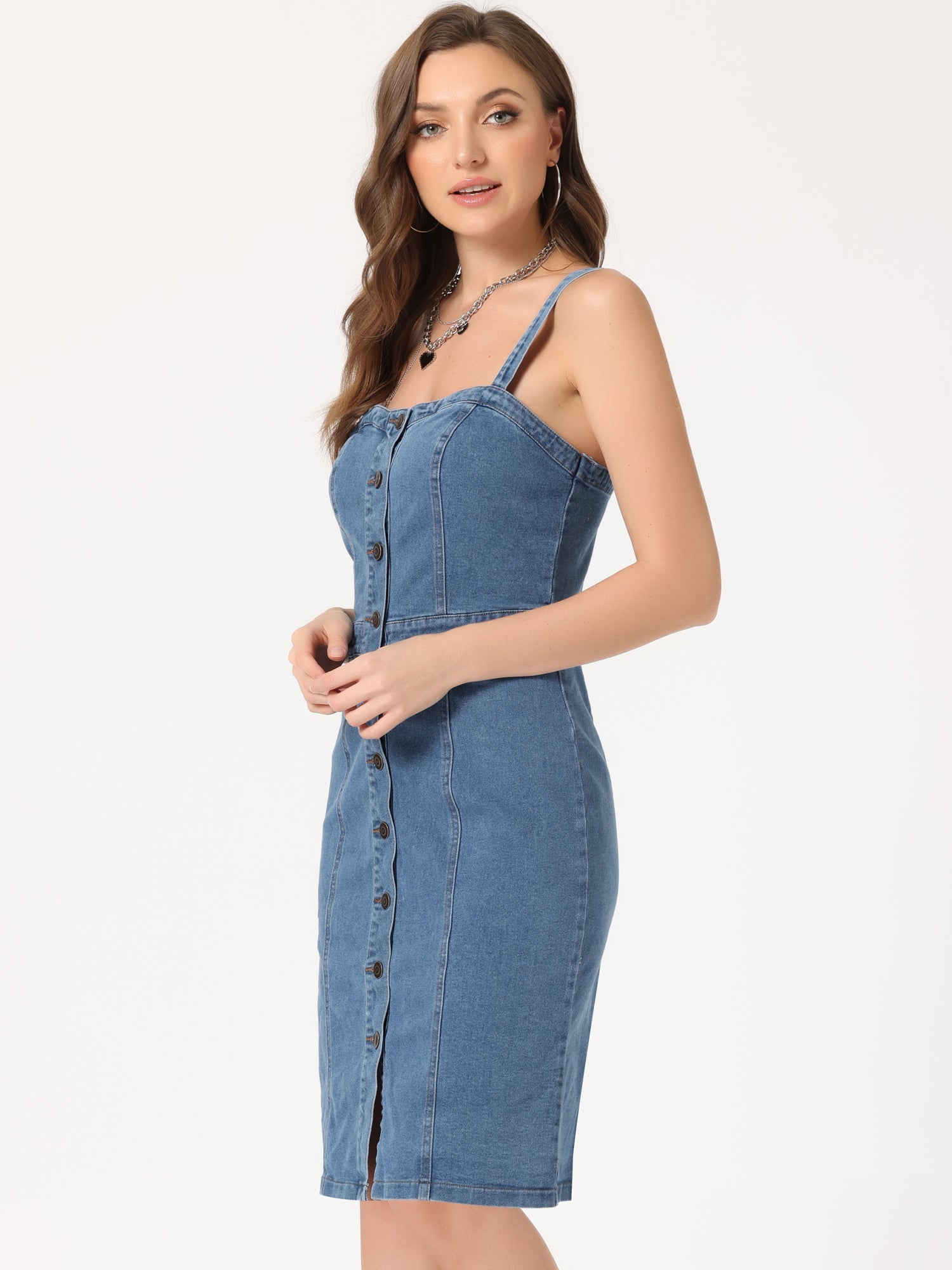 Button Down Denim Sleeveless Sweetheart Neck Jeans Dress