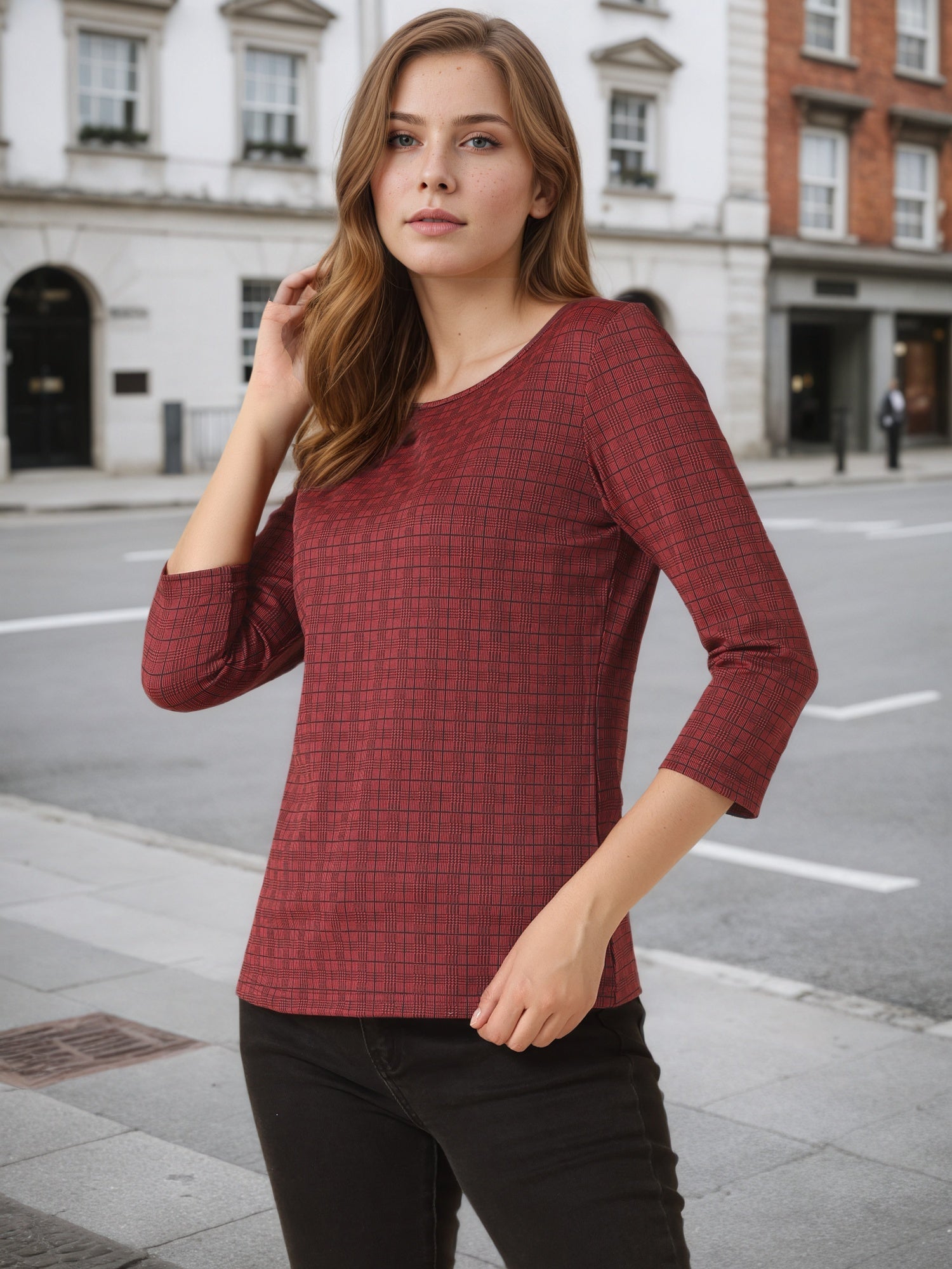 Work Office 3/4 Sleeve Boat Neck Houndstooth Printed Top Blouse
