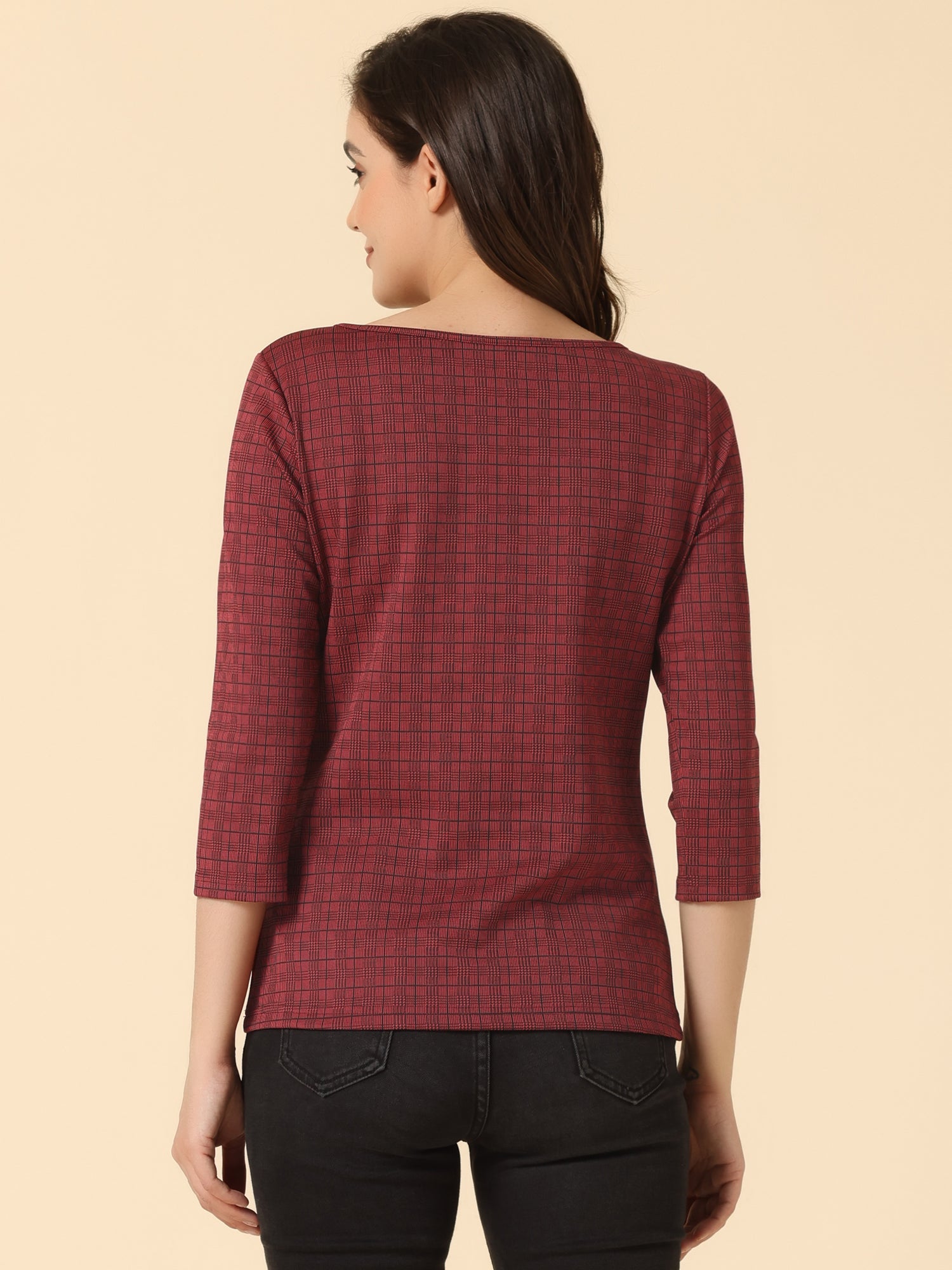 Work Office 3/4 Sleeve Boat Neck Houndstooth Printed Top Blouse