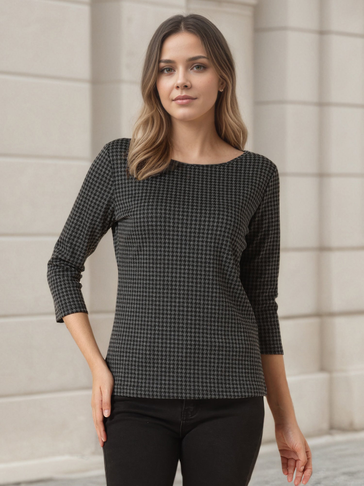 Work Office 3/4 Sleeve Boat Neck Houndstooth Printed Top Blouse