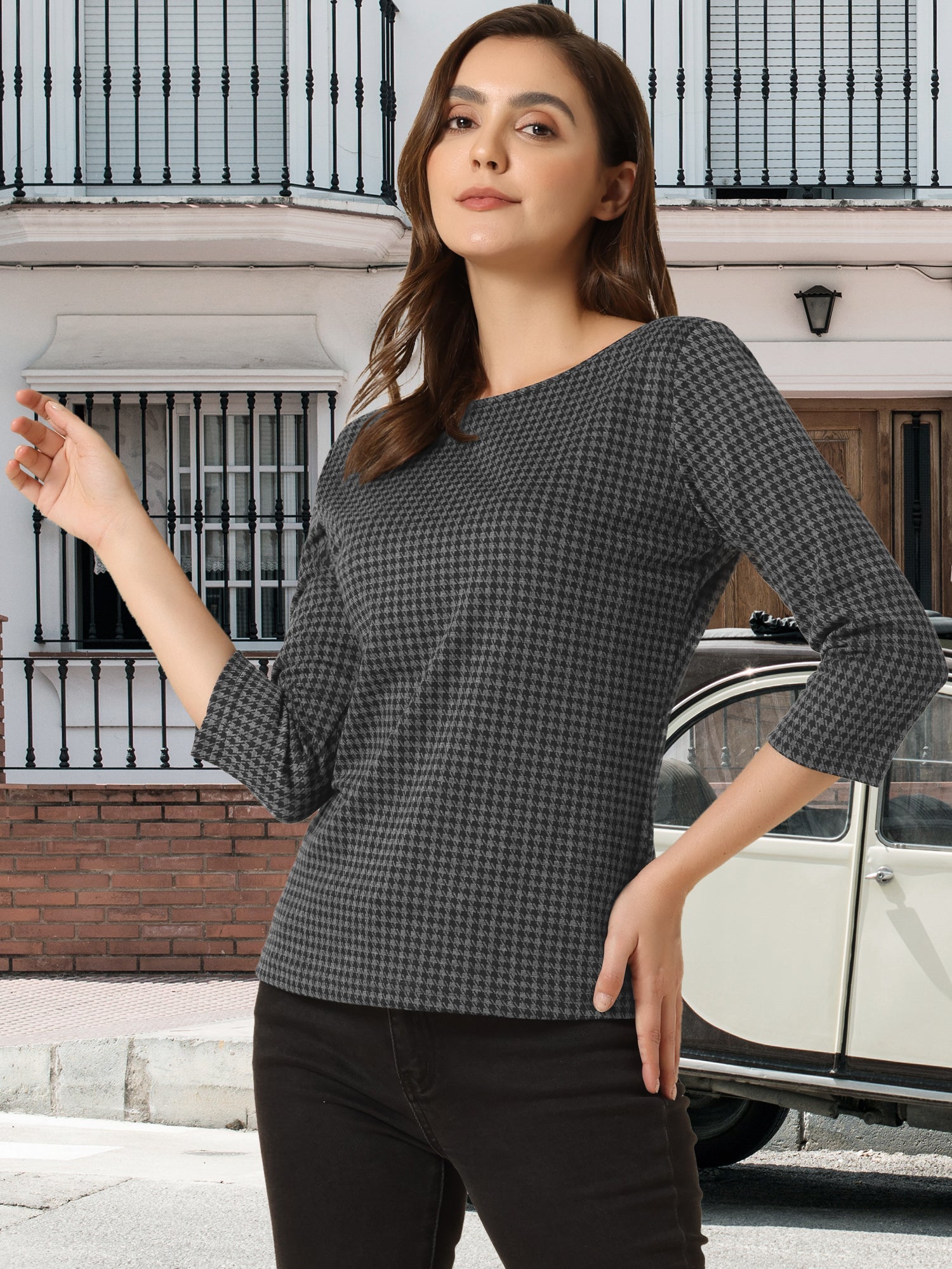 Work Office 3/4 Sleeve Boat Neck Houndstooth Printed Top Blouse