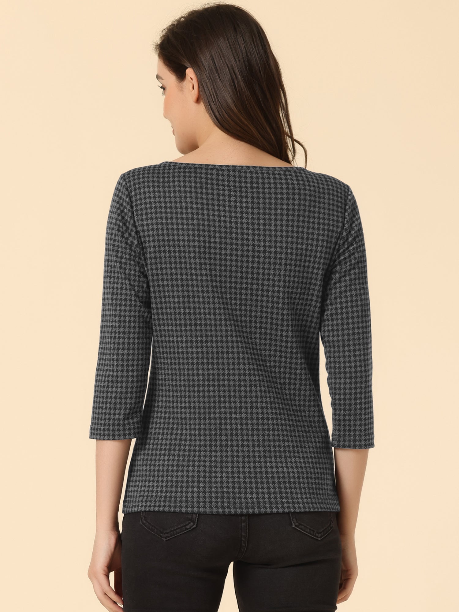 Work Office 3/4 Sleeve Boat Neck Houndstooth Printed Top Blouse