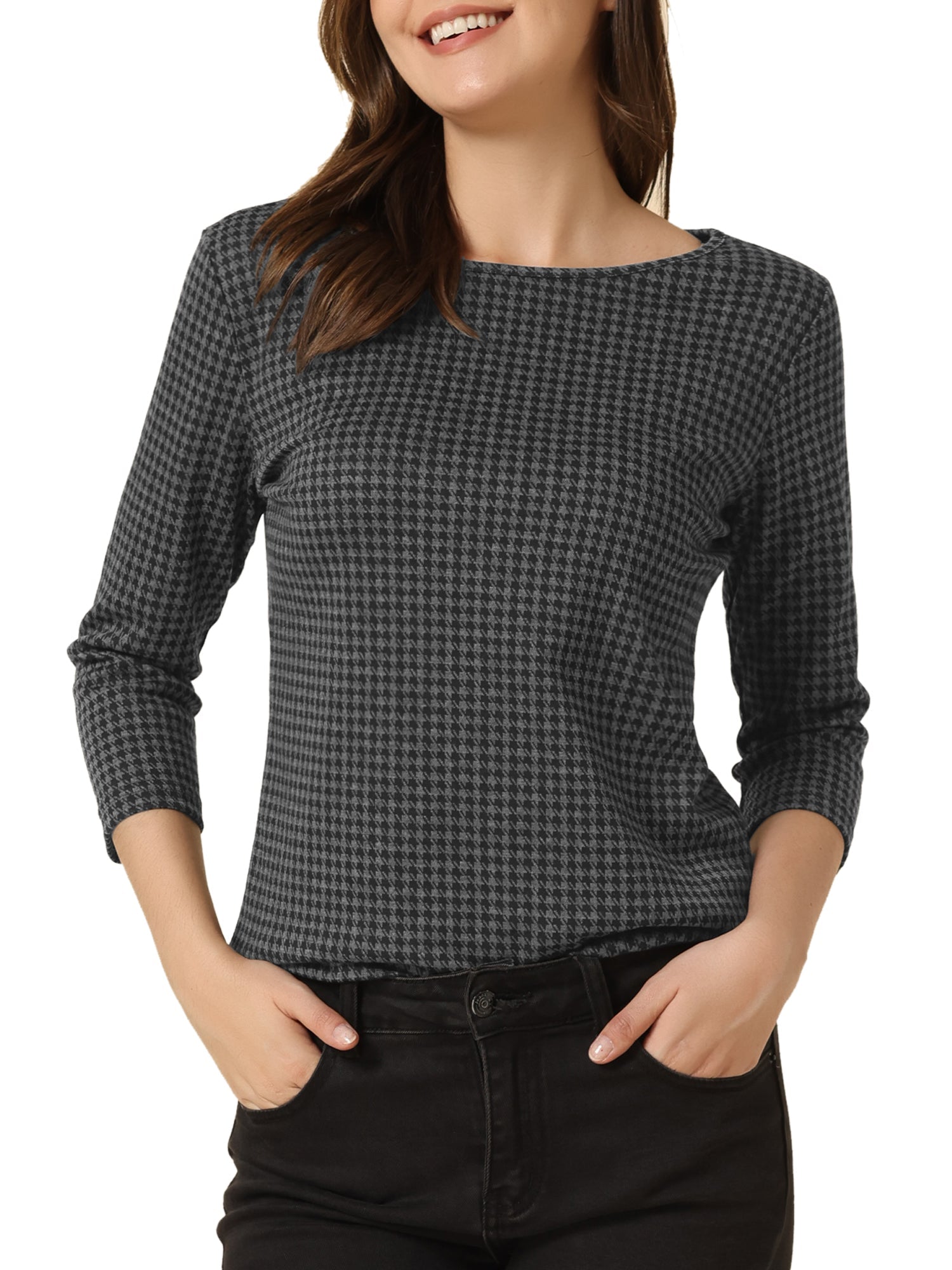 Work Office 3/4 Sleeve Boat Neck Houndstooth Printed Top Blouse