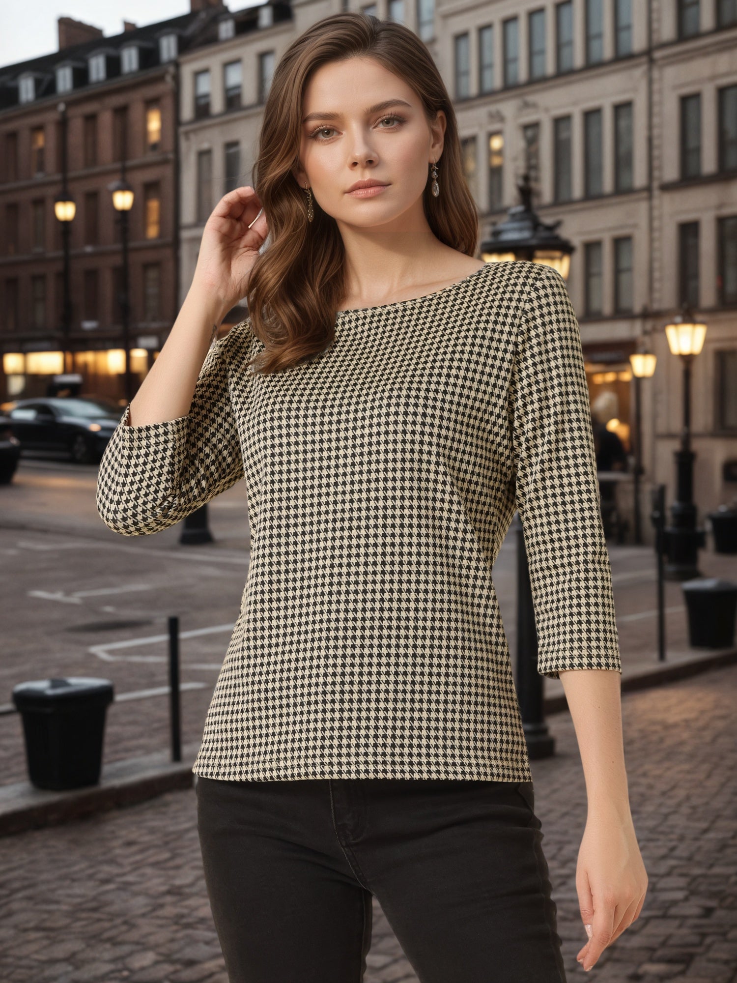 Work Office 3/4 Sleeve Boat Neck Houndstooth Printed Top Blouse