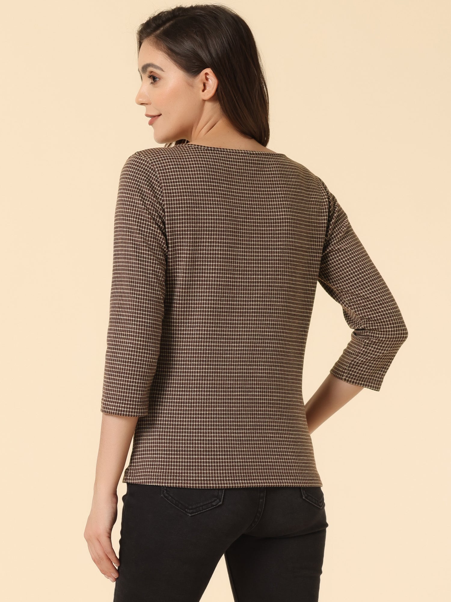 Work Office 3/4 Sleeve Boat Neck Houndstooth Printed Top Blouse