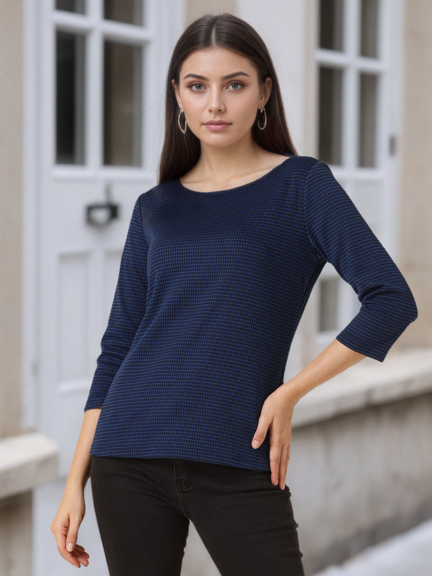 Work Office 3/4 Sleeve Boat Neck Houndstooth Printed Top Blouse