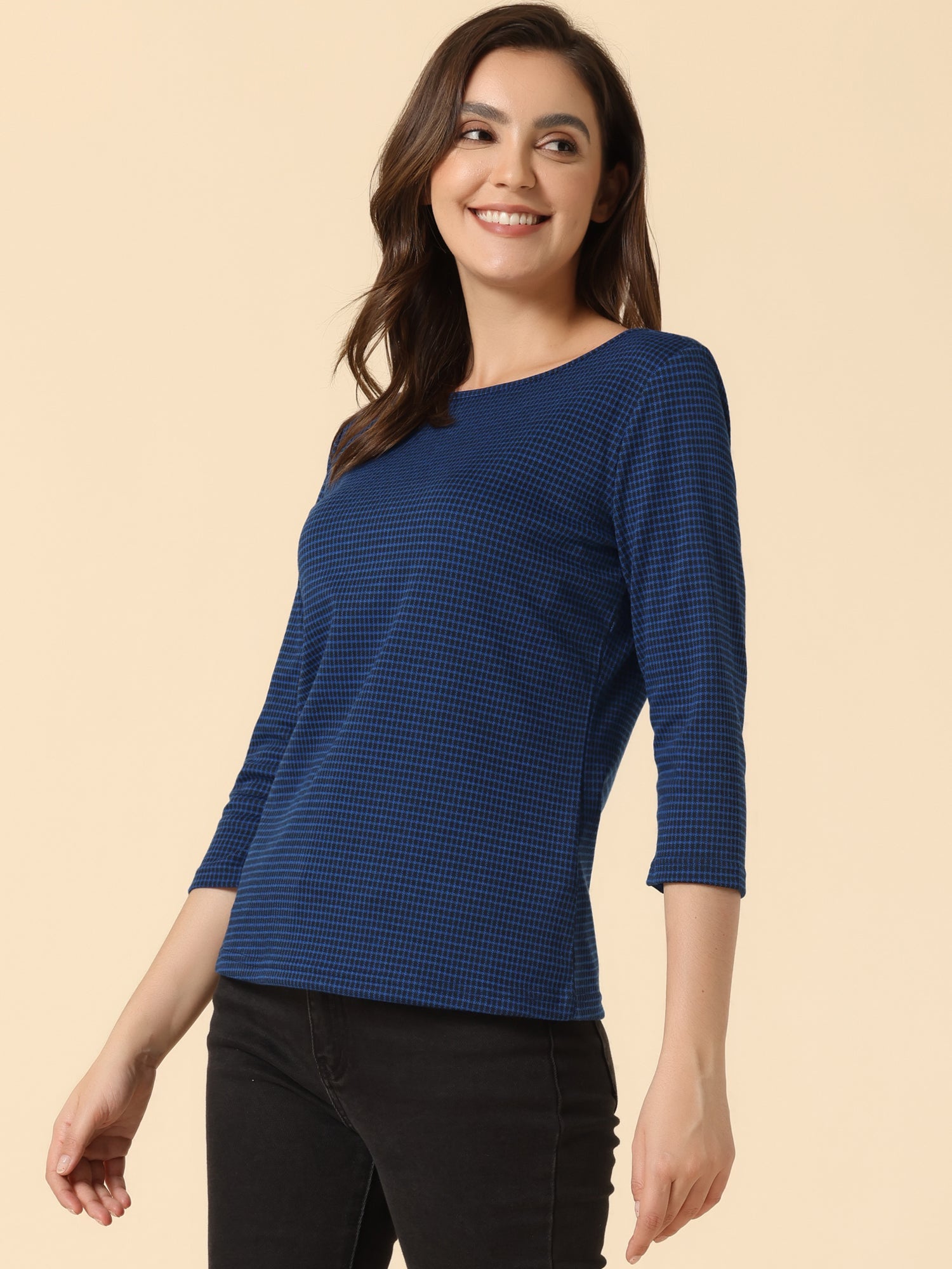 Work Office 3/4 Sleeve Boat Neck Houndstooth Printed Top Blouse