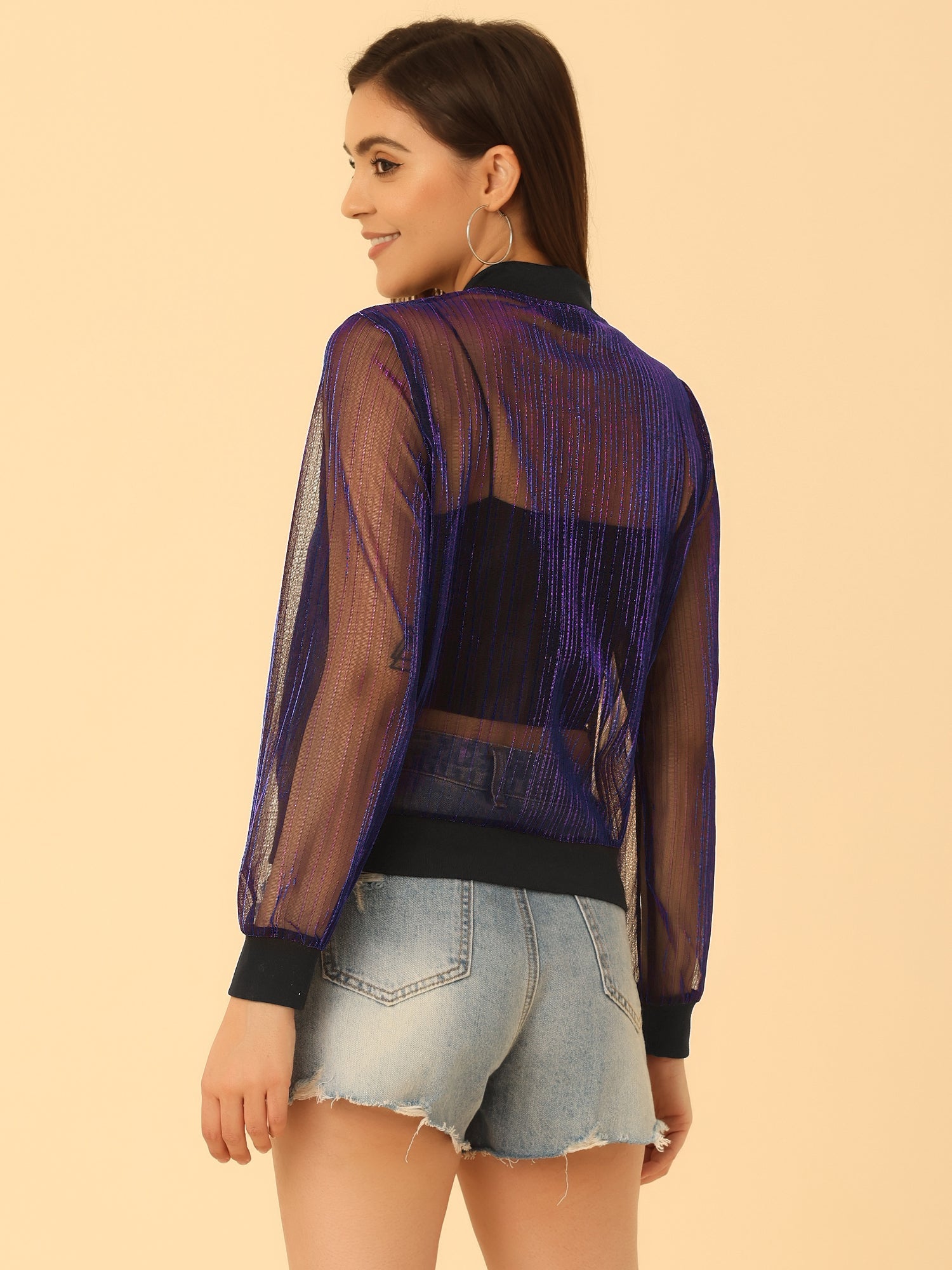 Sheer Mesh Shiny Long Sleeve See Through Zip Up Jacket