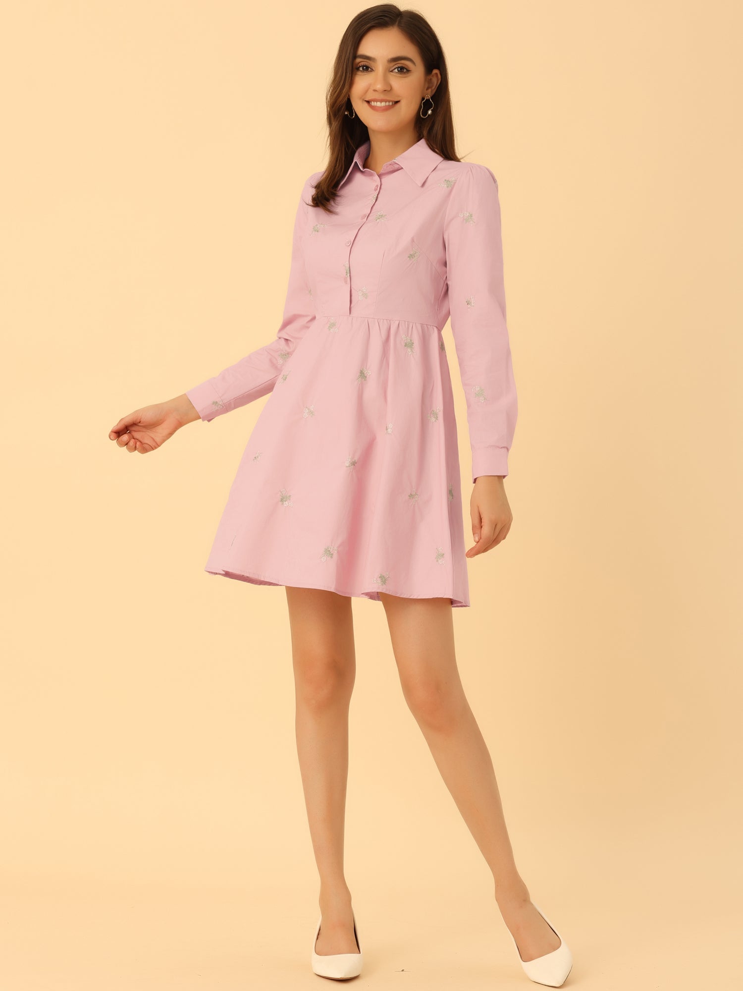 Casual Long Sleeve Half Placket Embroidered Floral Mini Shirt Dress