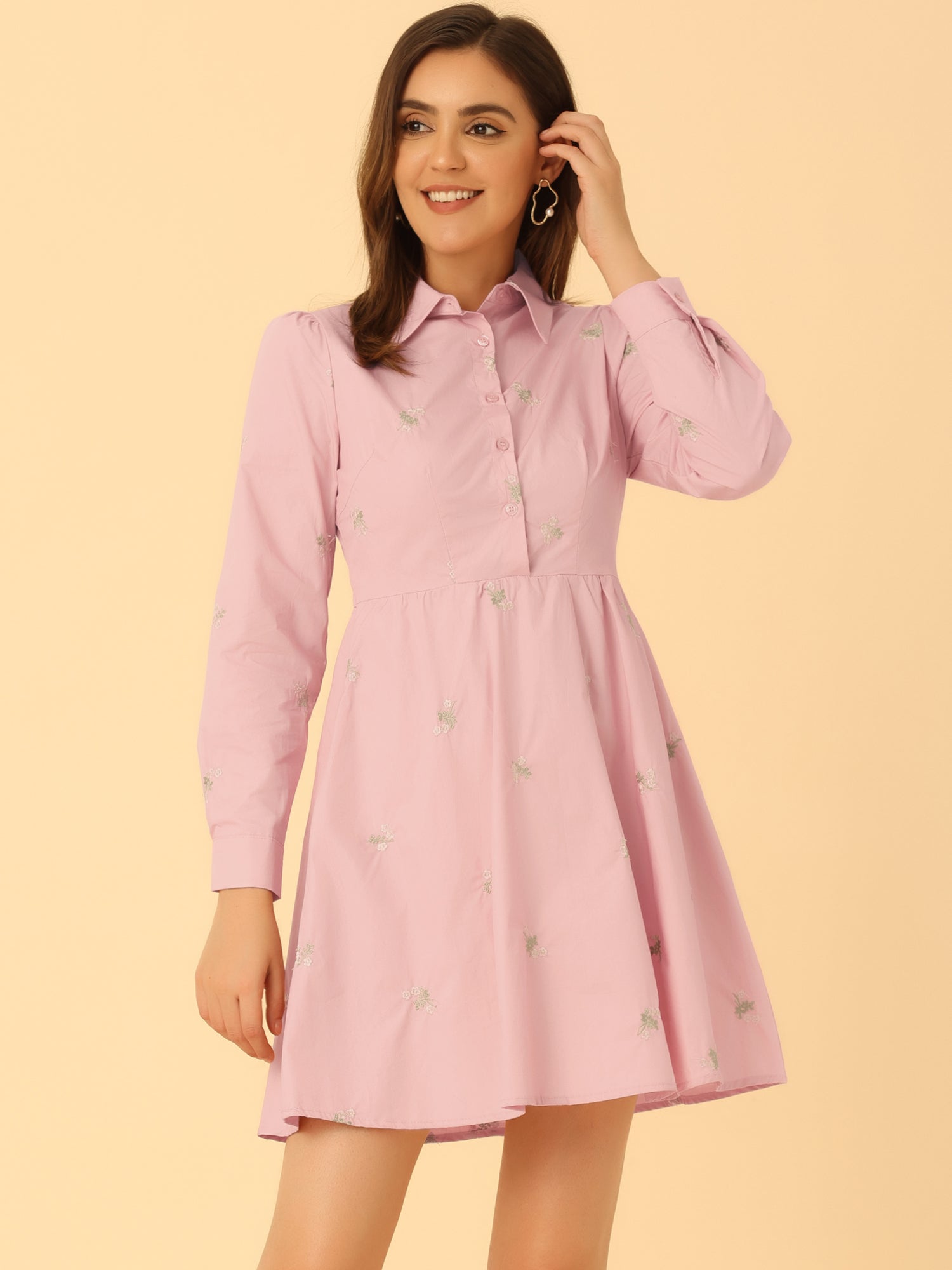 Casual Long Sleeve Half Placket Embroidered Floral Mini Shirt Dress
