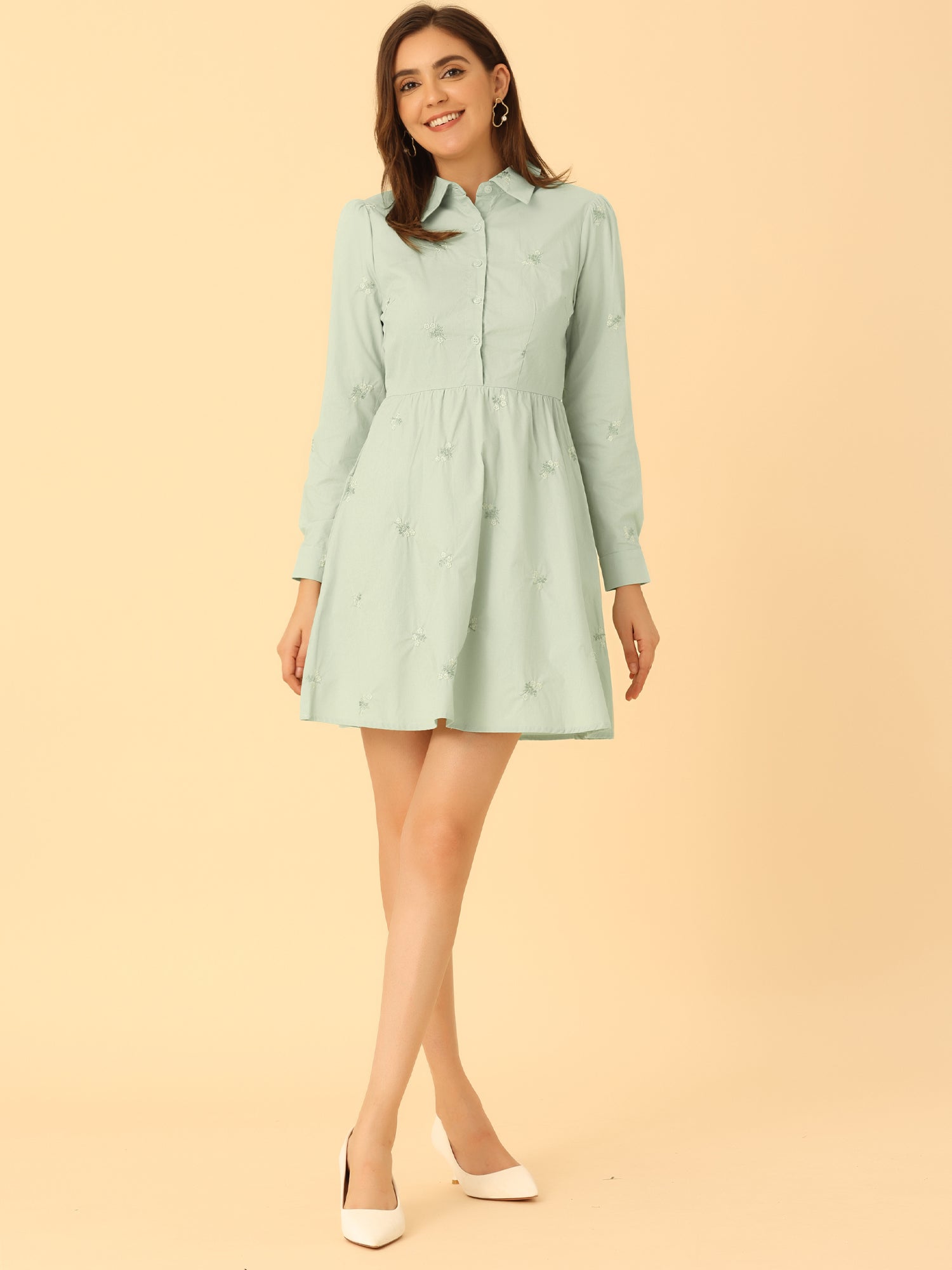 Casual Long Sleeve Half Placket Embroidered Floral Mini Shirt Dress