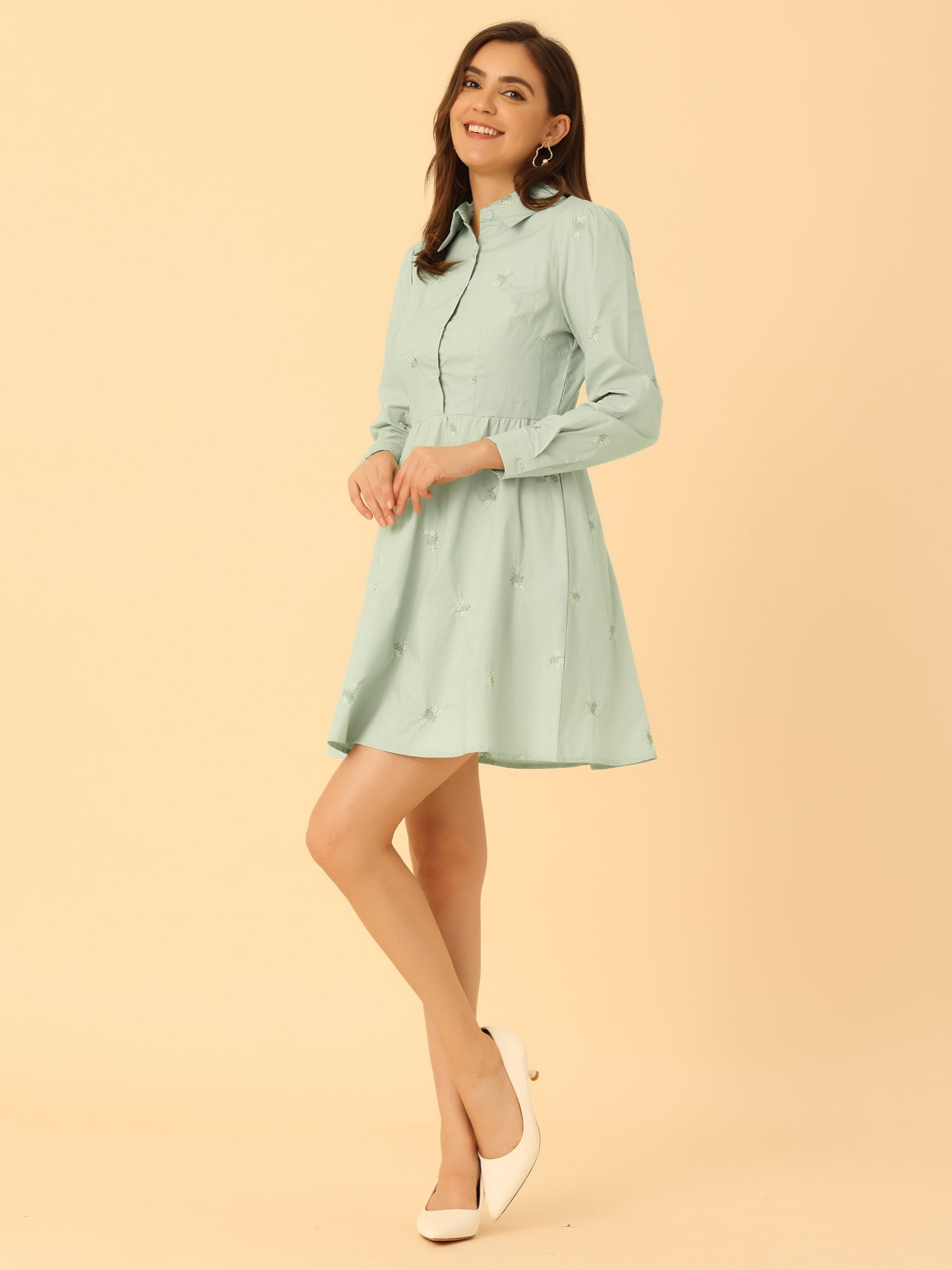 Casual Long Sleeve Half Placket Embroidered Floral Mini Shirt Dress