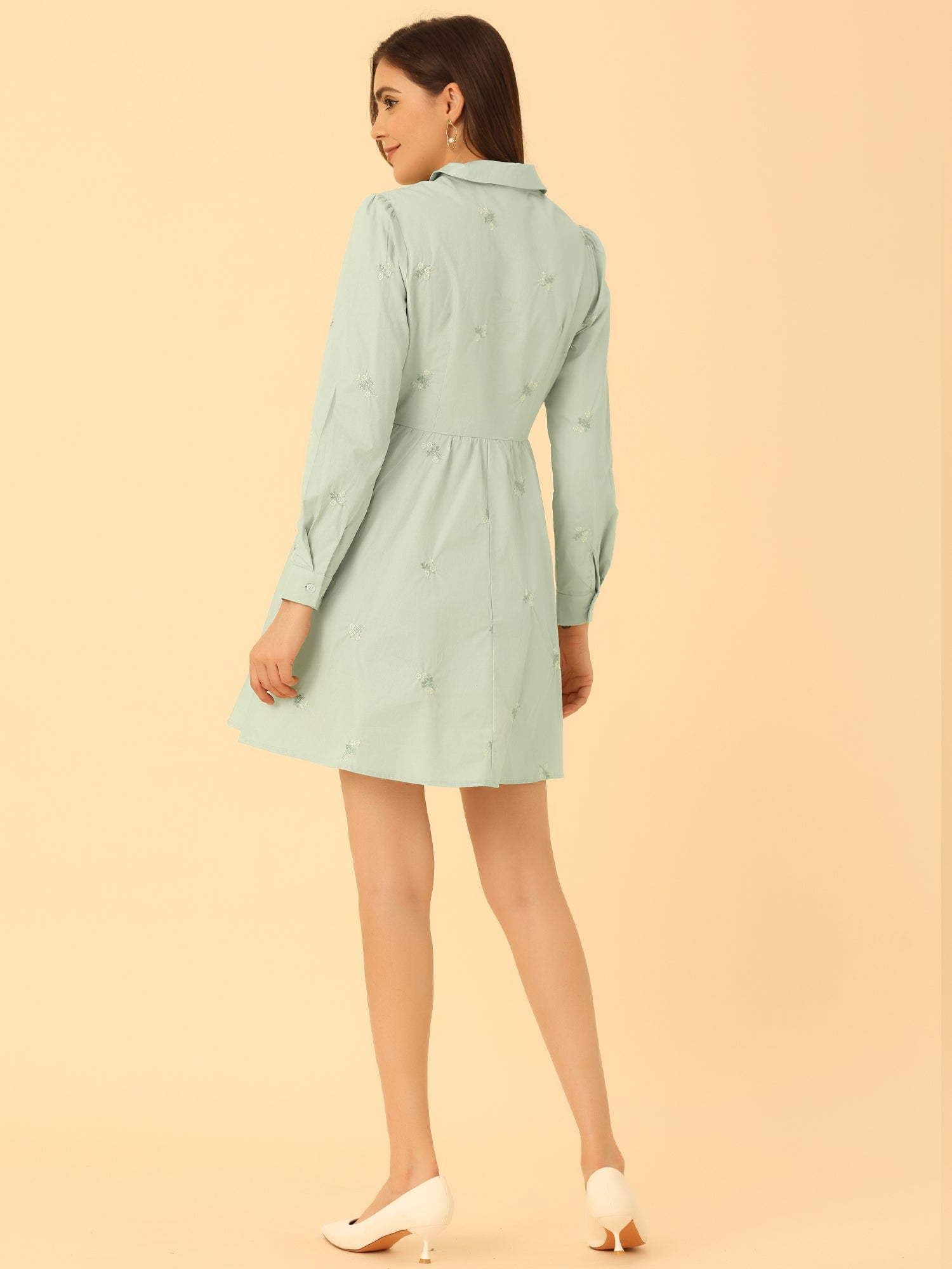 Casual Long Sleeve Half Placket Embroidered Floral Mini Shirt Dress