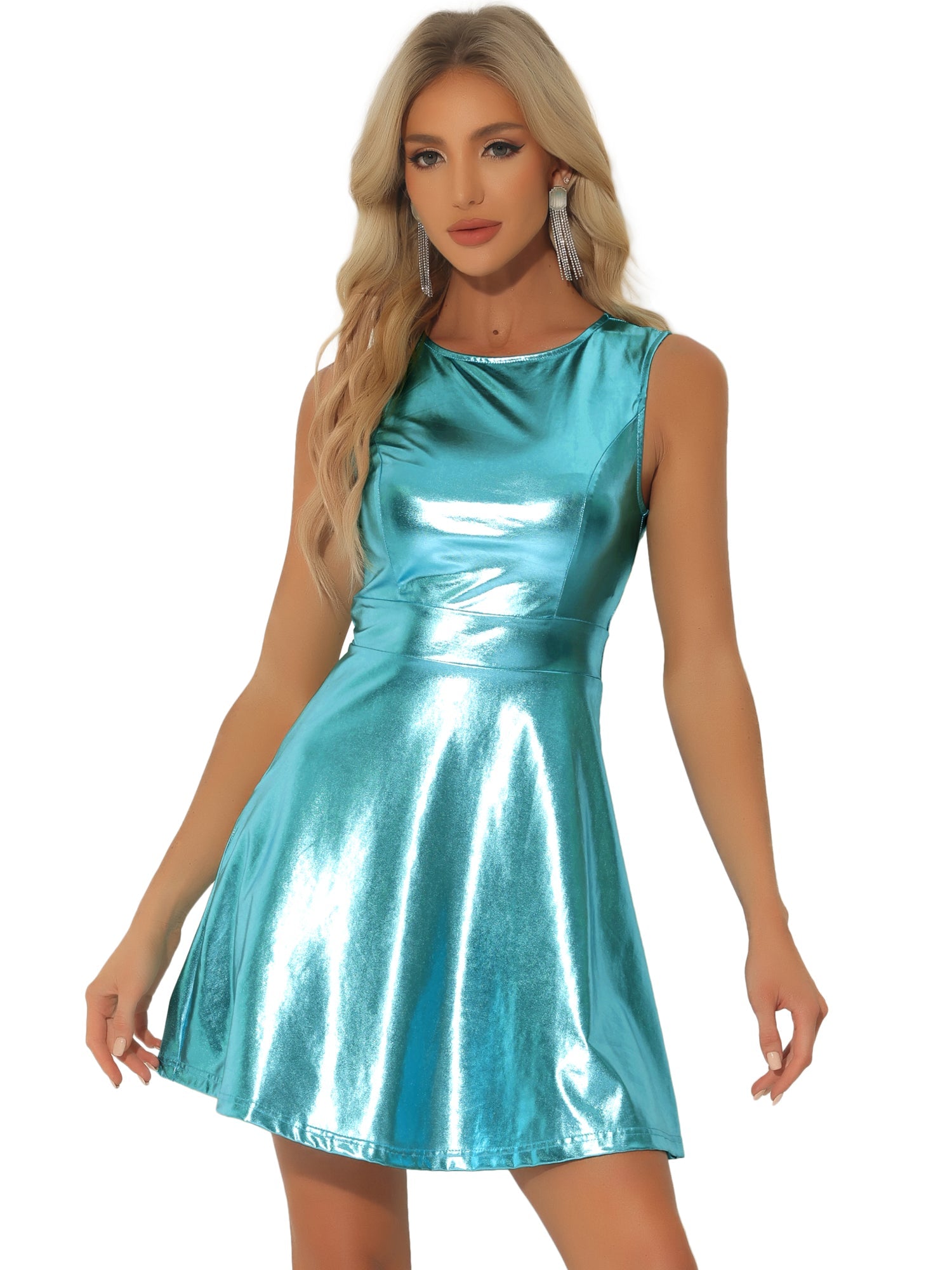Sleeveless Metallic A-Line Club Party Holographic Mini Dress