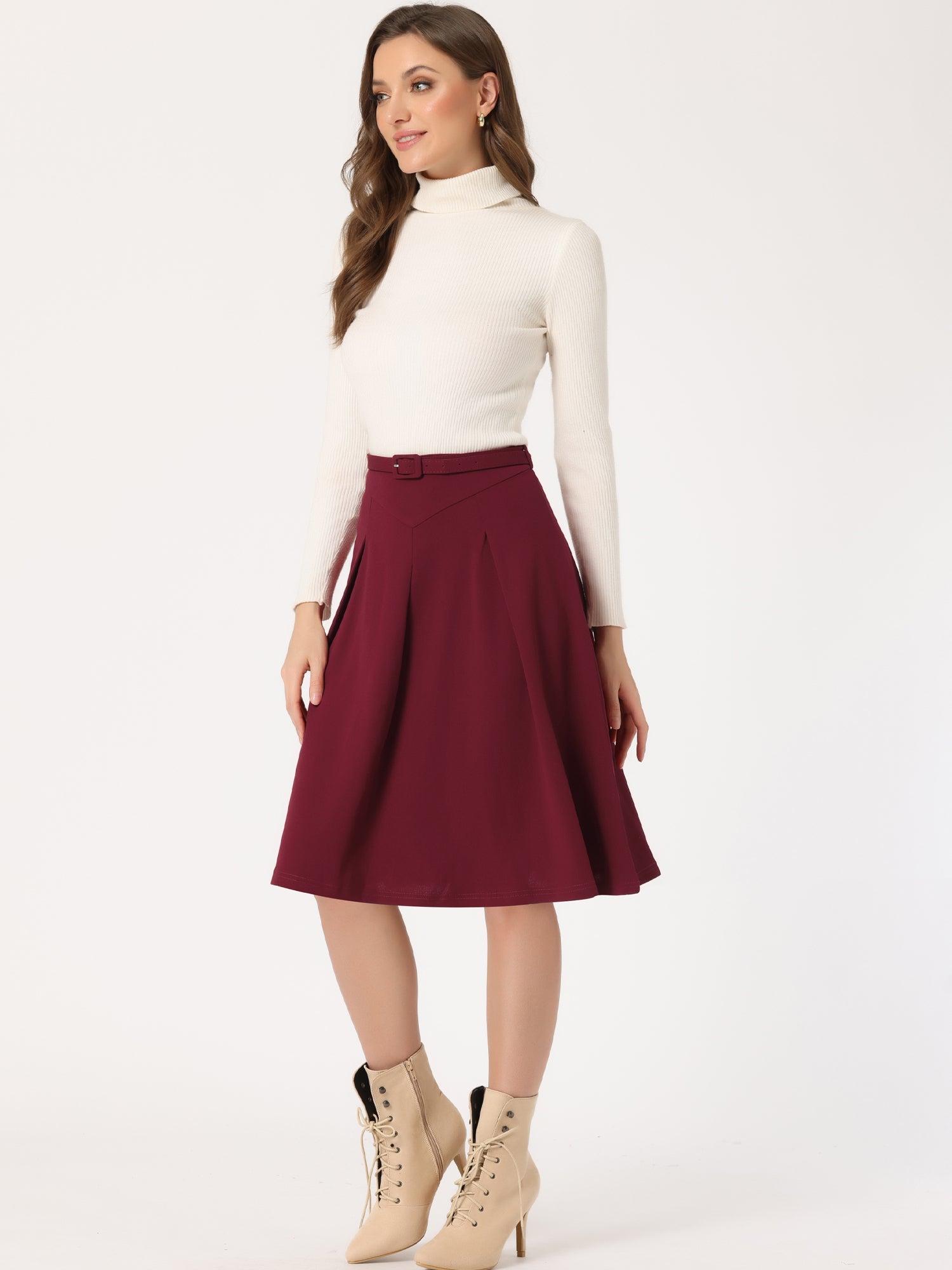 Women's A-Line Belted Waist Casual Midi Flare Pleated Skirt