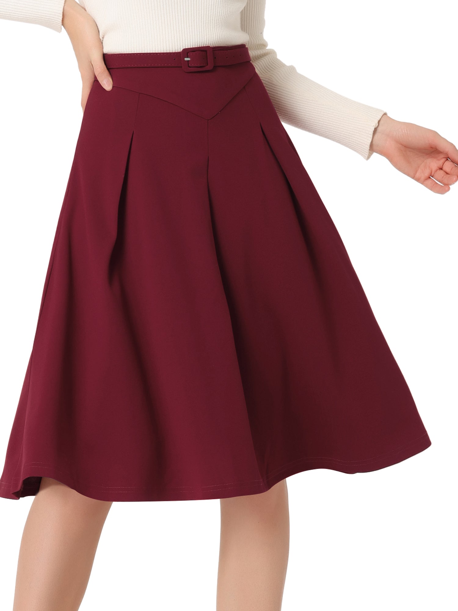 Women's A-Line Belted Waist Casual Midi Flare Pleated Skirt