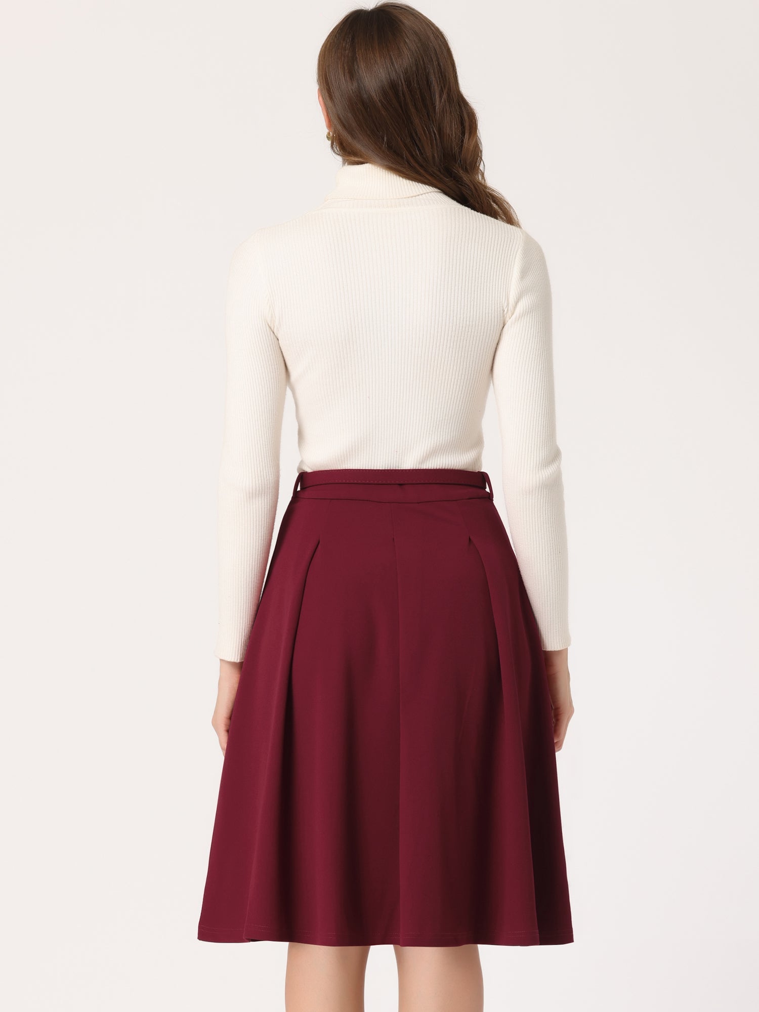 Women's A-Line Belted Waist Casual Midi Flare Pleated Skirt