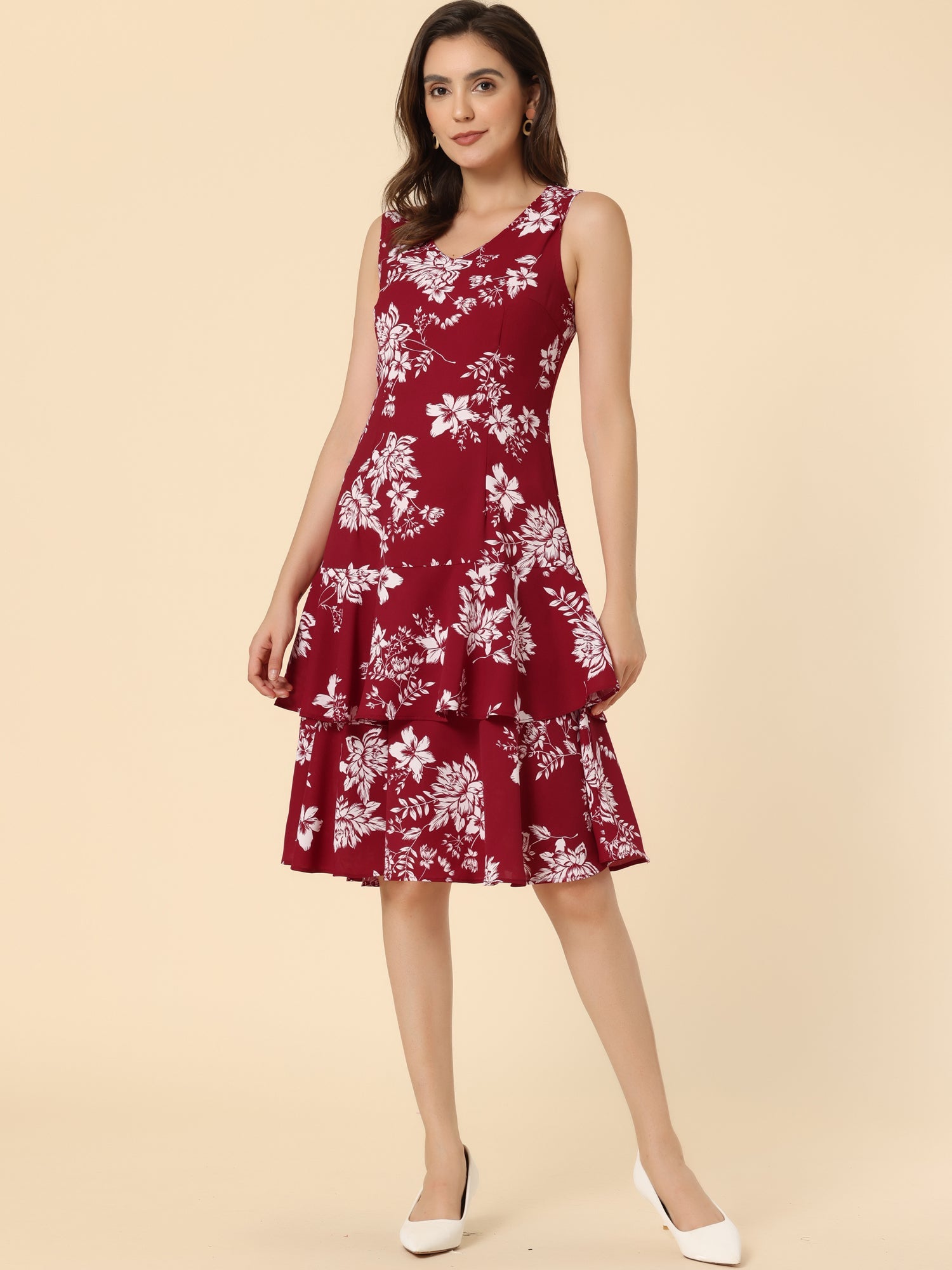 Work flower Print Contrast Panel 2pc Sets Chiffon V Neck Jacket Dress